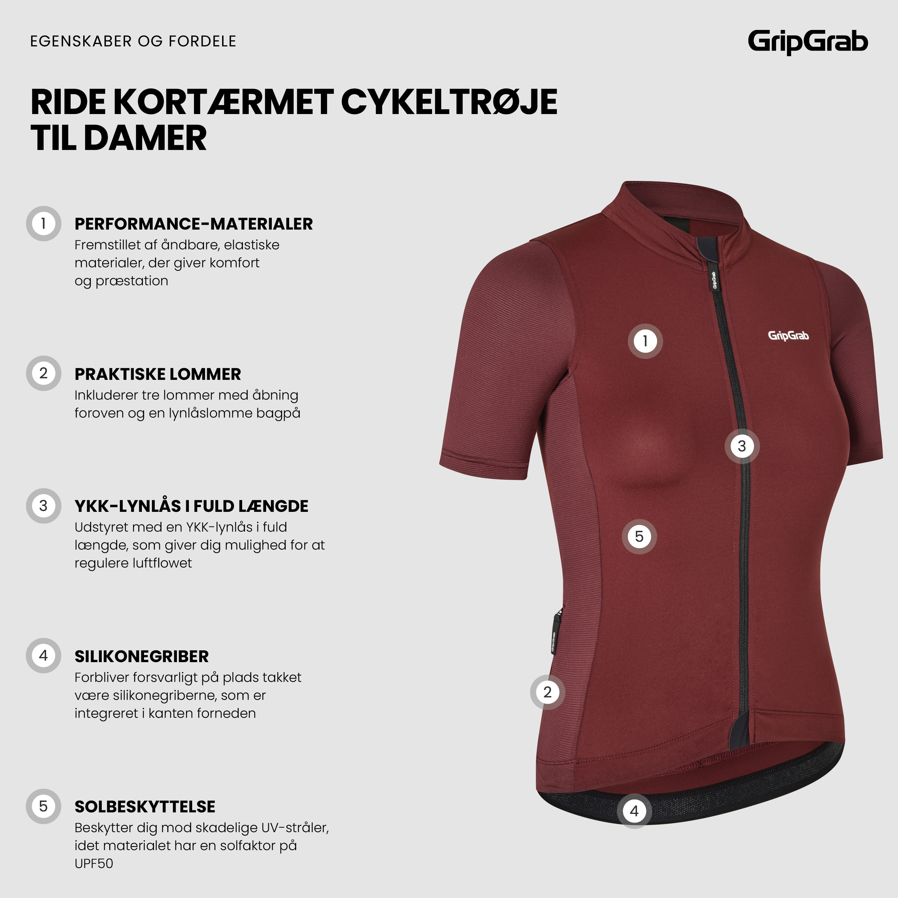 Beklædning - Cykeltrøjer - GripGrab Women's Ride Kortærmet Cykeltrøje - Dark Red