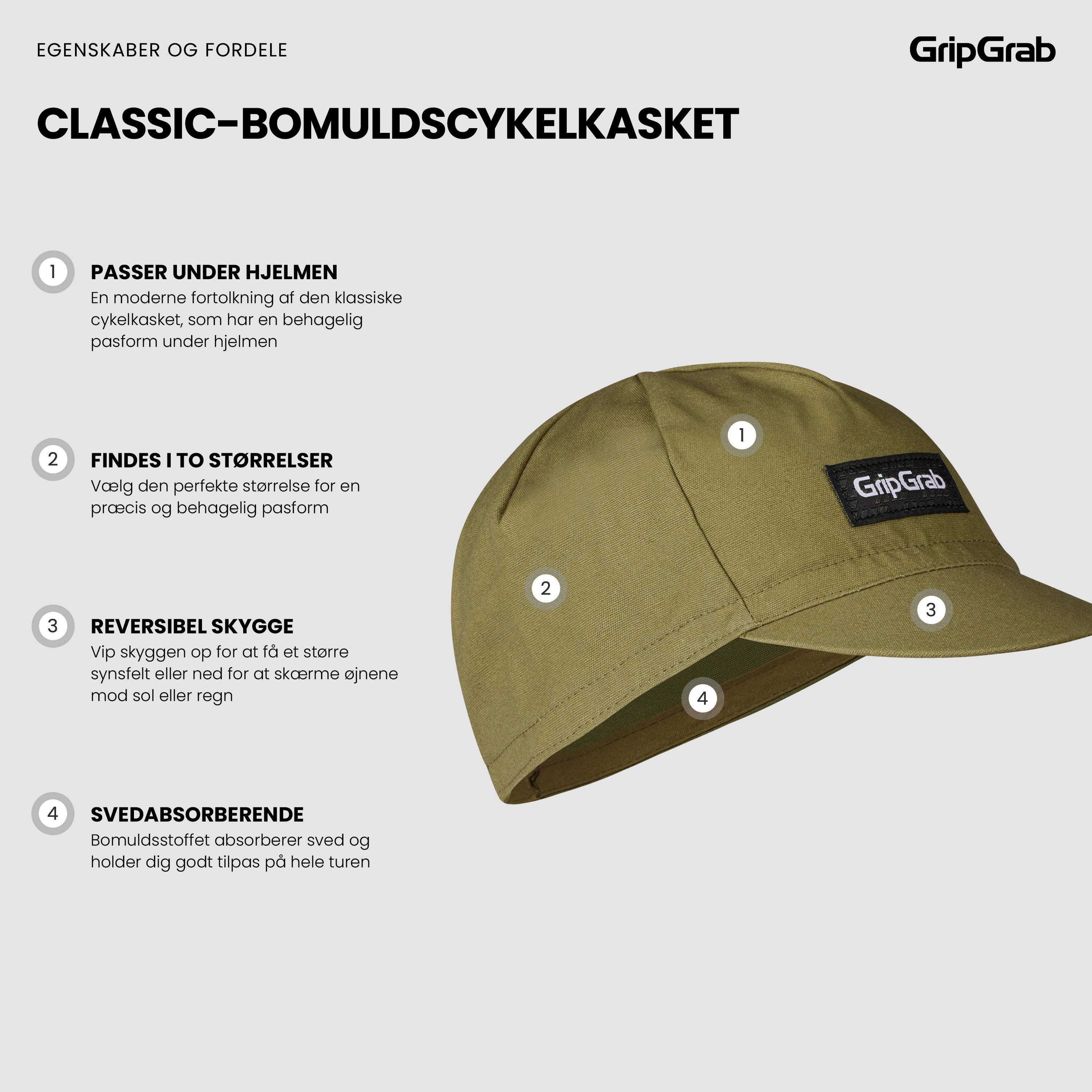 Beklædning - Cykelkasketter - GripGrab Classic Bomulds Cycling Cap - Olive Green