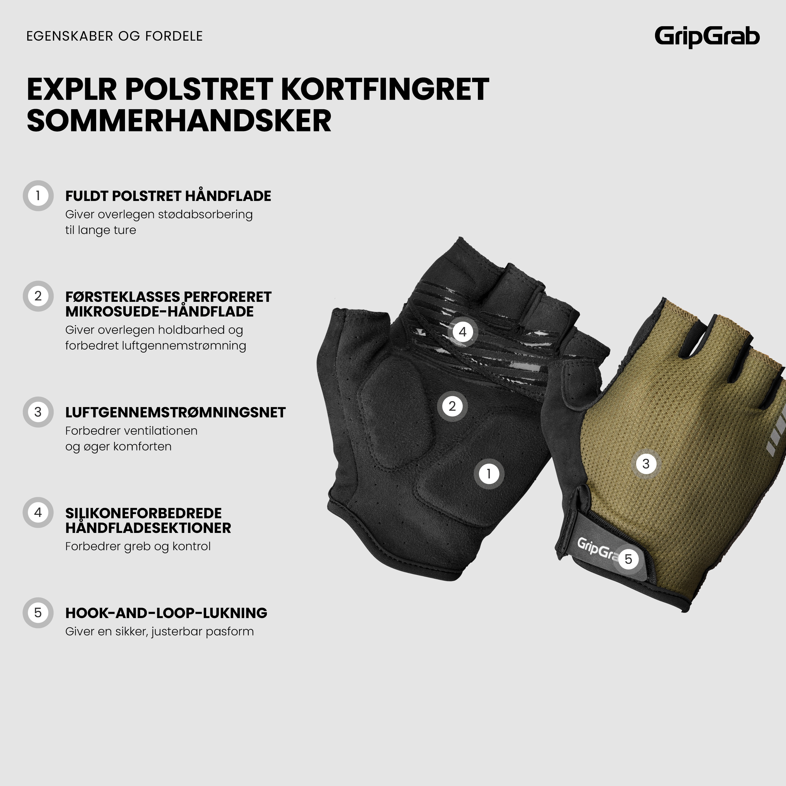 Beklædning - Cykelhandsker - GripGrab EXPLR Polstret Kortfingret Sommerhandsker - Olive Green