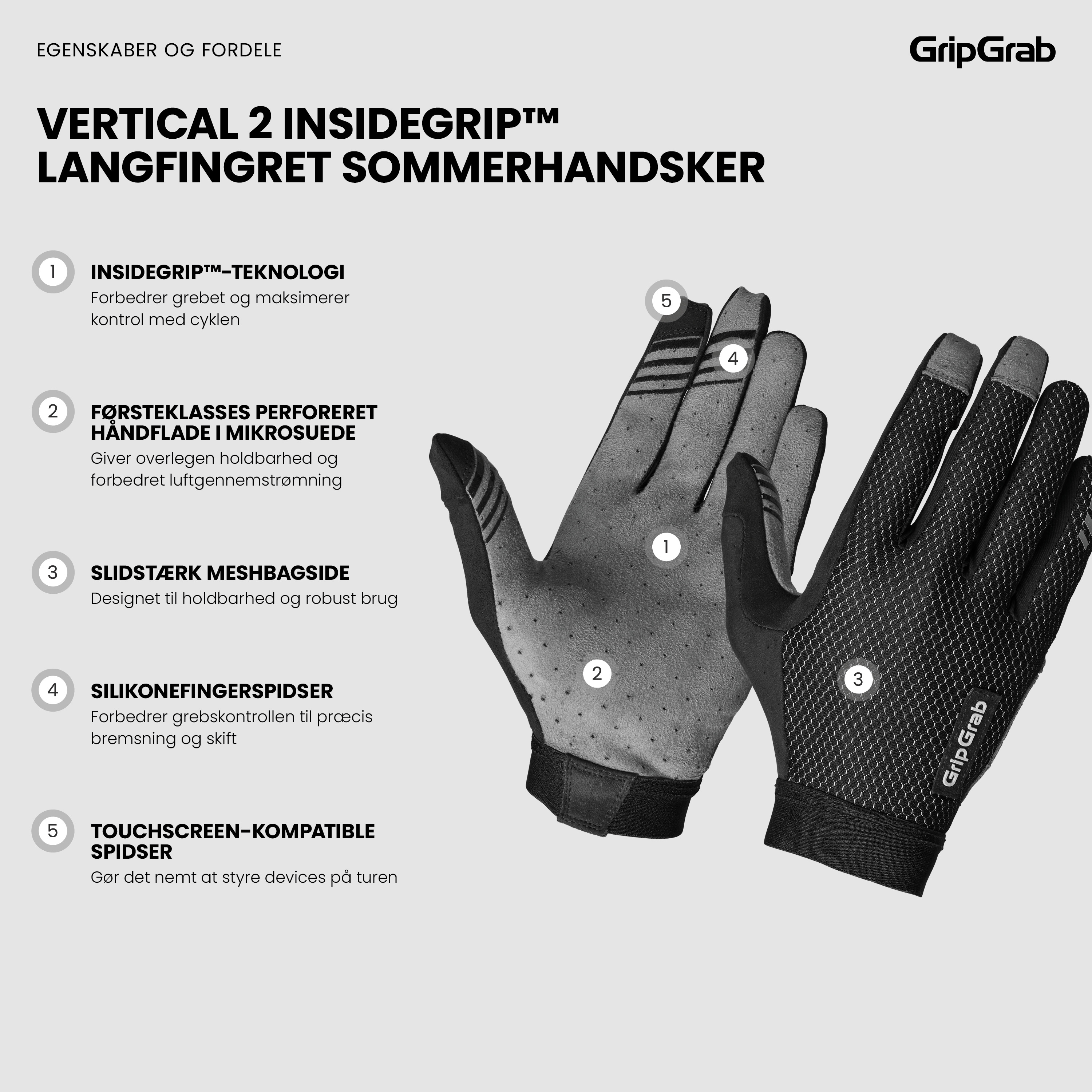 Beklædning - Cykelhandsker - GripGrab Vertical 2 InsideGrip™ Langfingret Sommerhandsker - Black