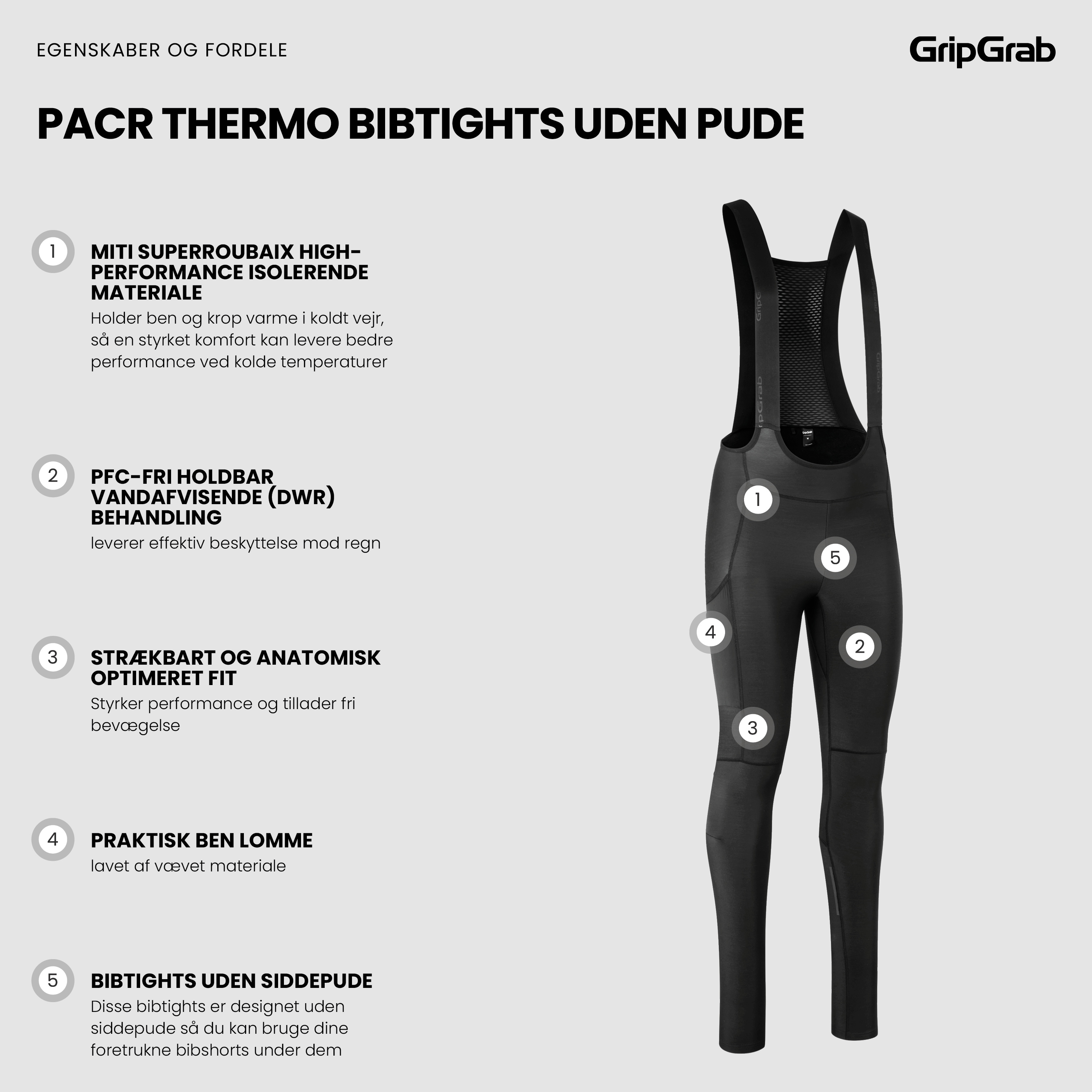 Beklædning - Cykelbukser - GripGrab PACR Thermo bibtights u. pude - Black