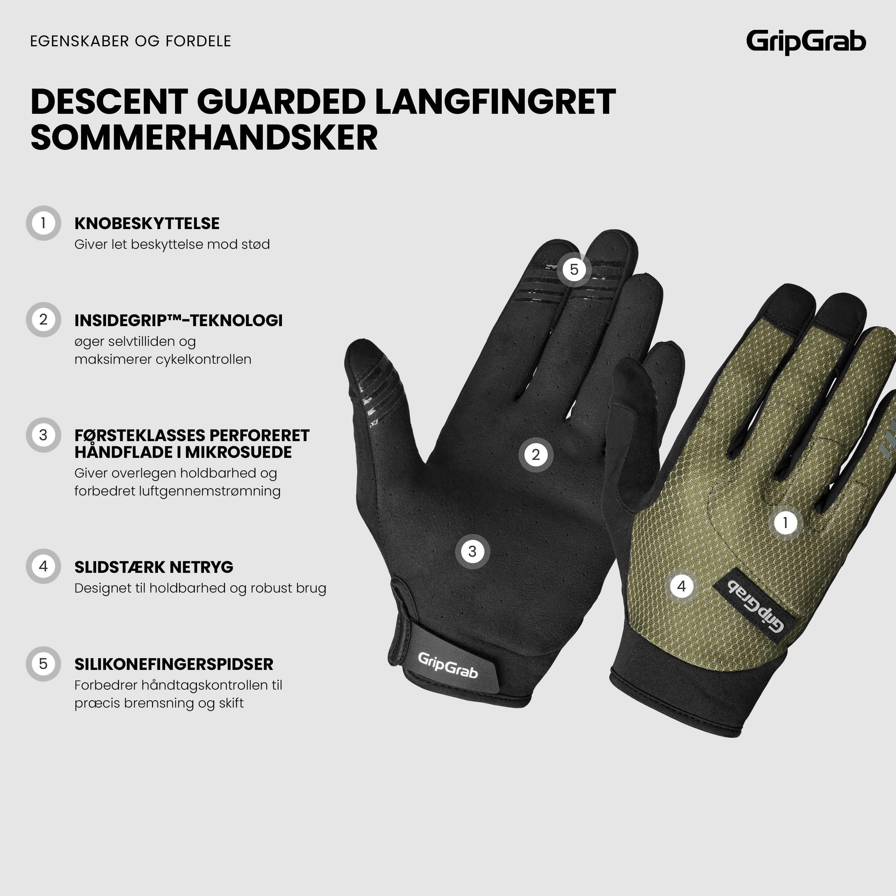 Beklædning - Cykelhandsker - GripGrab Descent Guarded Langfingret Sommerhandsker - Olive Green