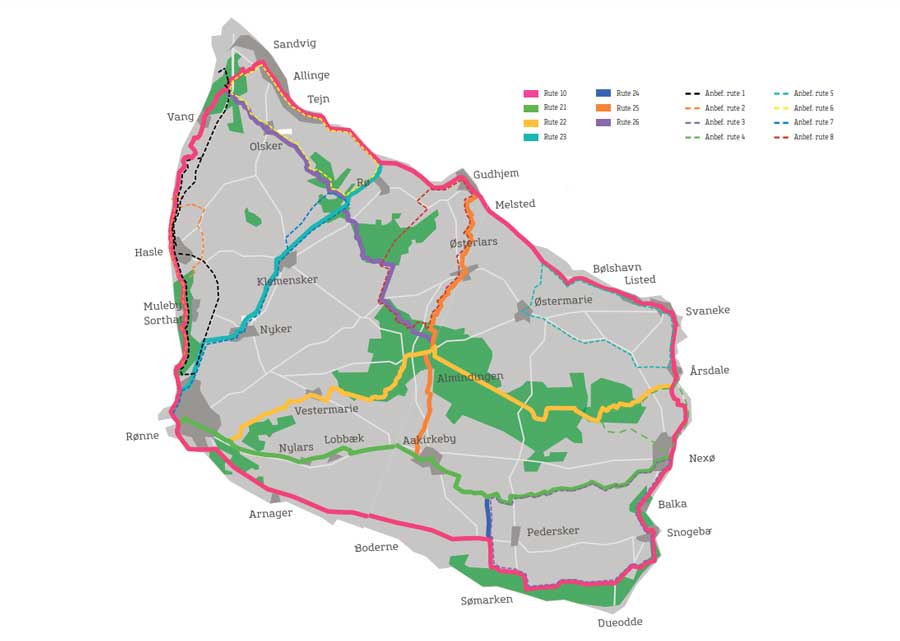 Kort over cykelruter på Bornholm