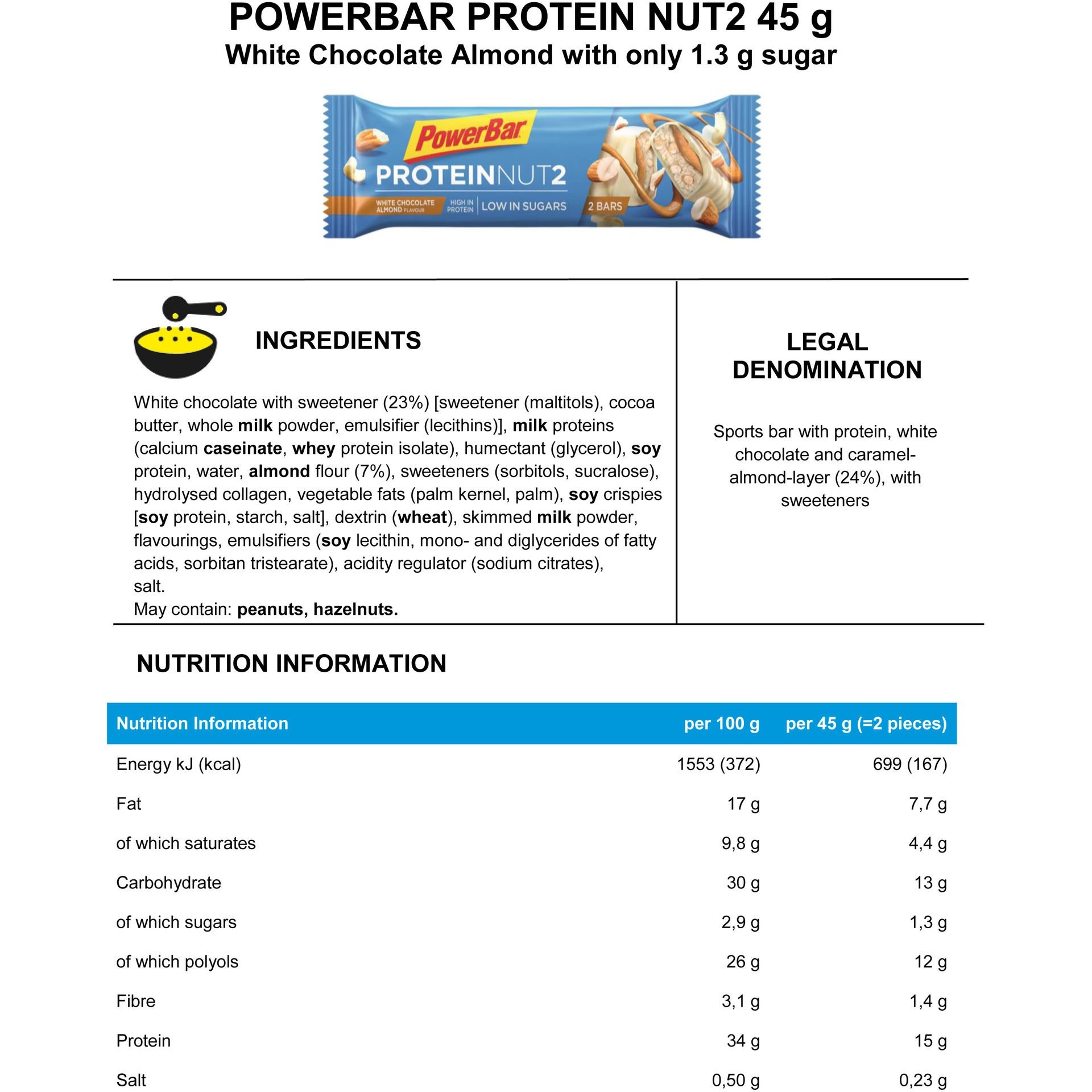 Tilbehør - Energiprodukter - PowerBar Nut2 White Chocolate Almond  - 2 x 22,5g