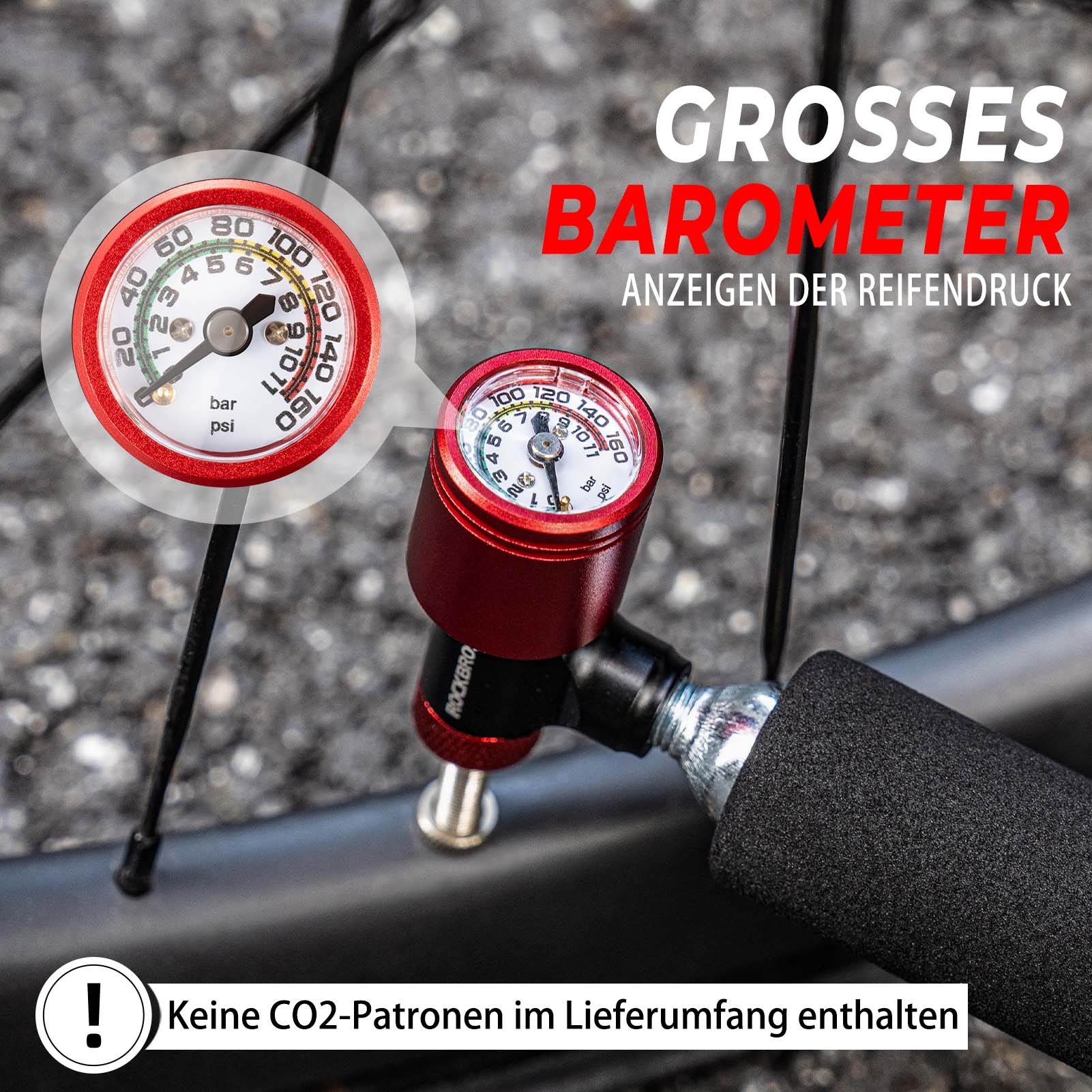 Tilbehør - Cykelpumper - RockBros CO2 Pumpe m. Manometer 160psi/11bar