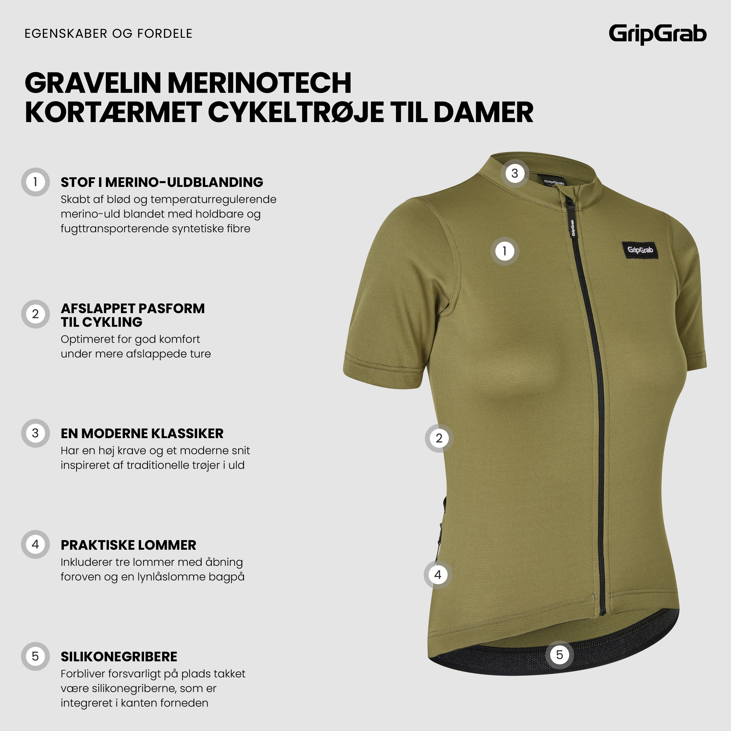 Beklædning - Cykeltrøjer - GripGrab Women's Kortærmet Gravelin Merinotech Cykeltrøje - Olive Green