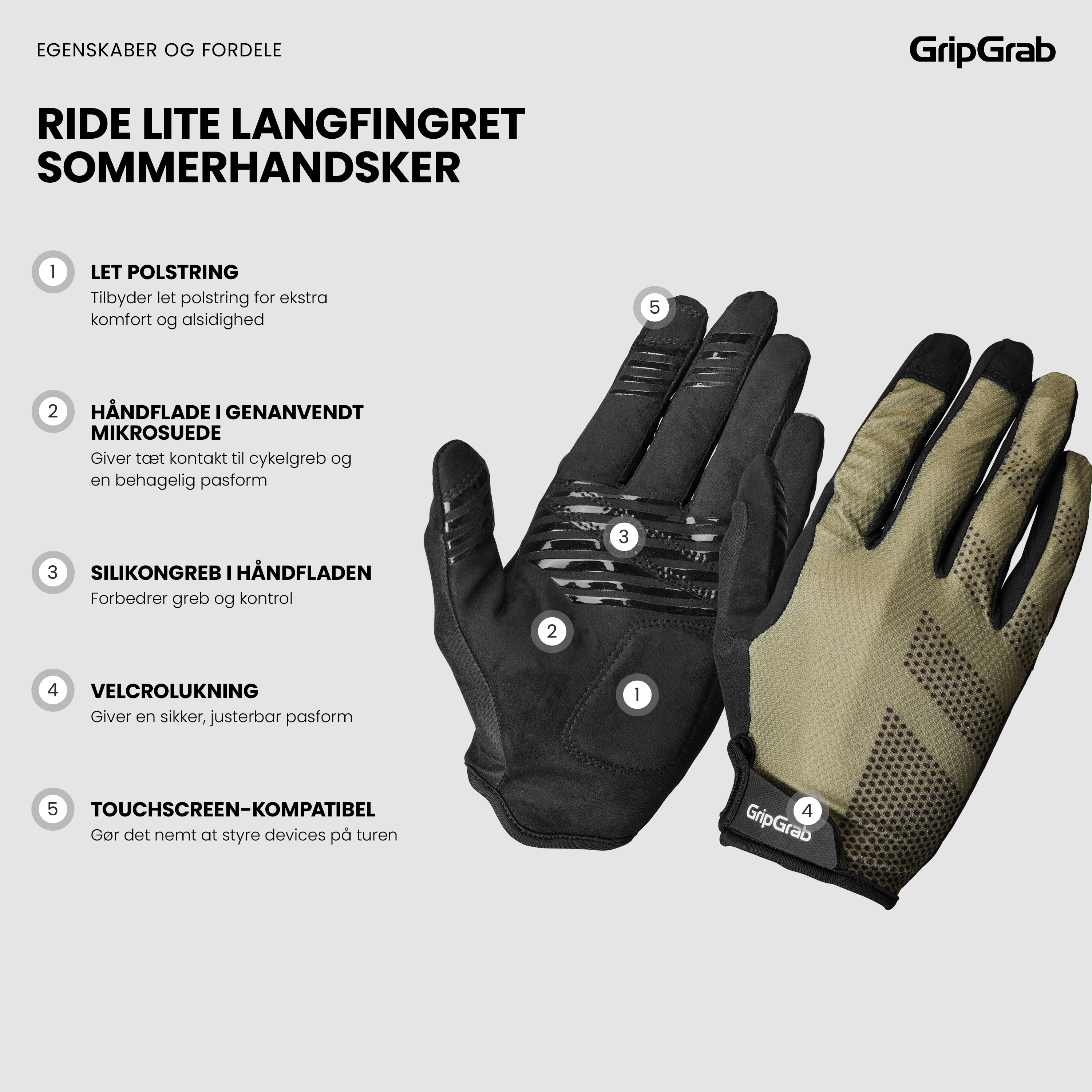 Beklædning - Cykelhandsker - GripGrab RIDE Lite Langfingret Sommerhandsker - Olive Green