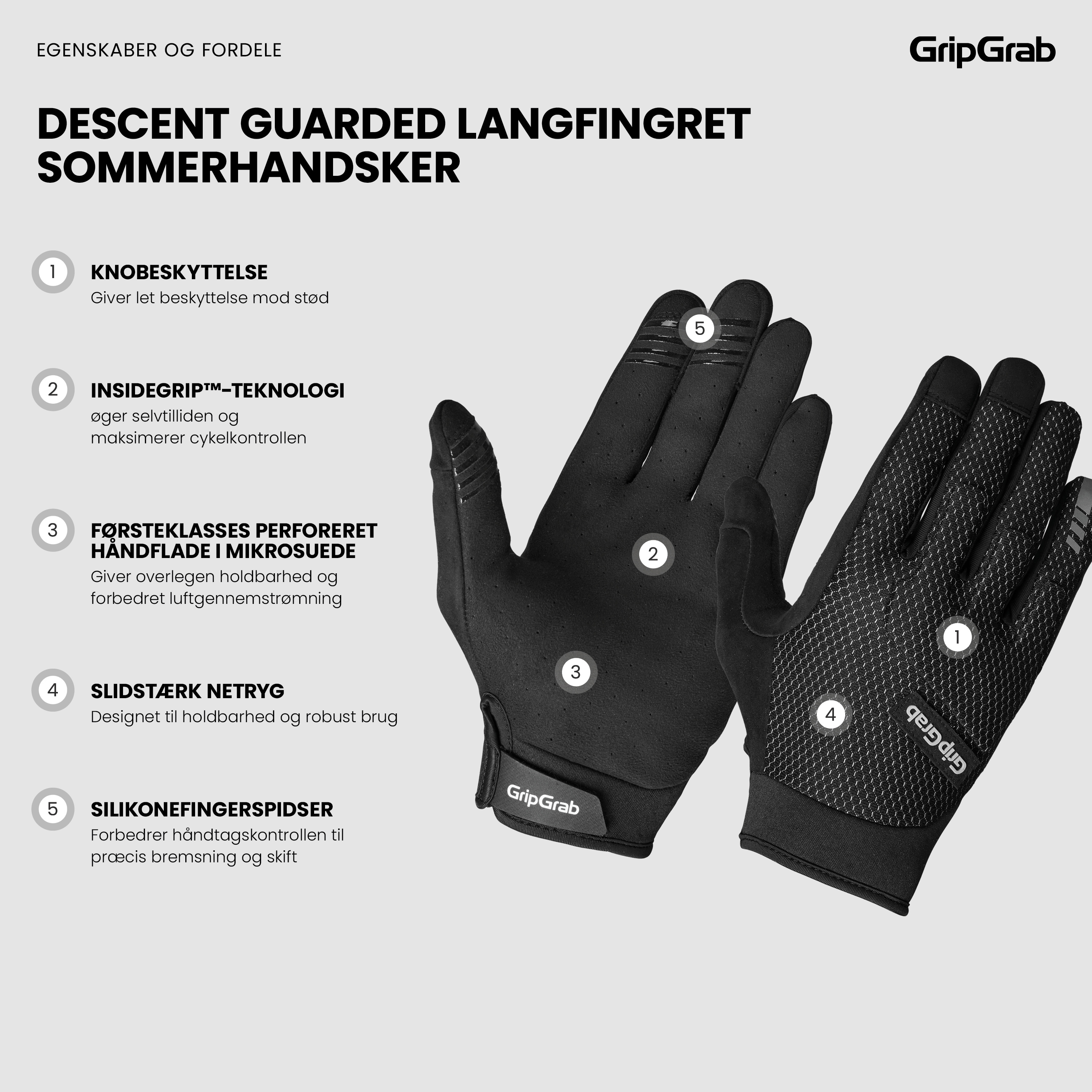 Beklædning - Cykelhandsker - GripGrab Descent Guarded Langfingret Sommerhandsker - Black