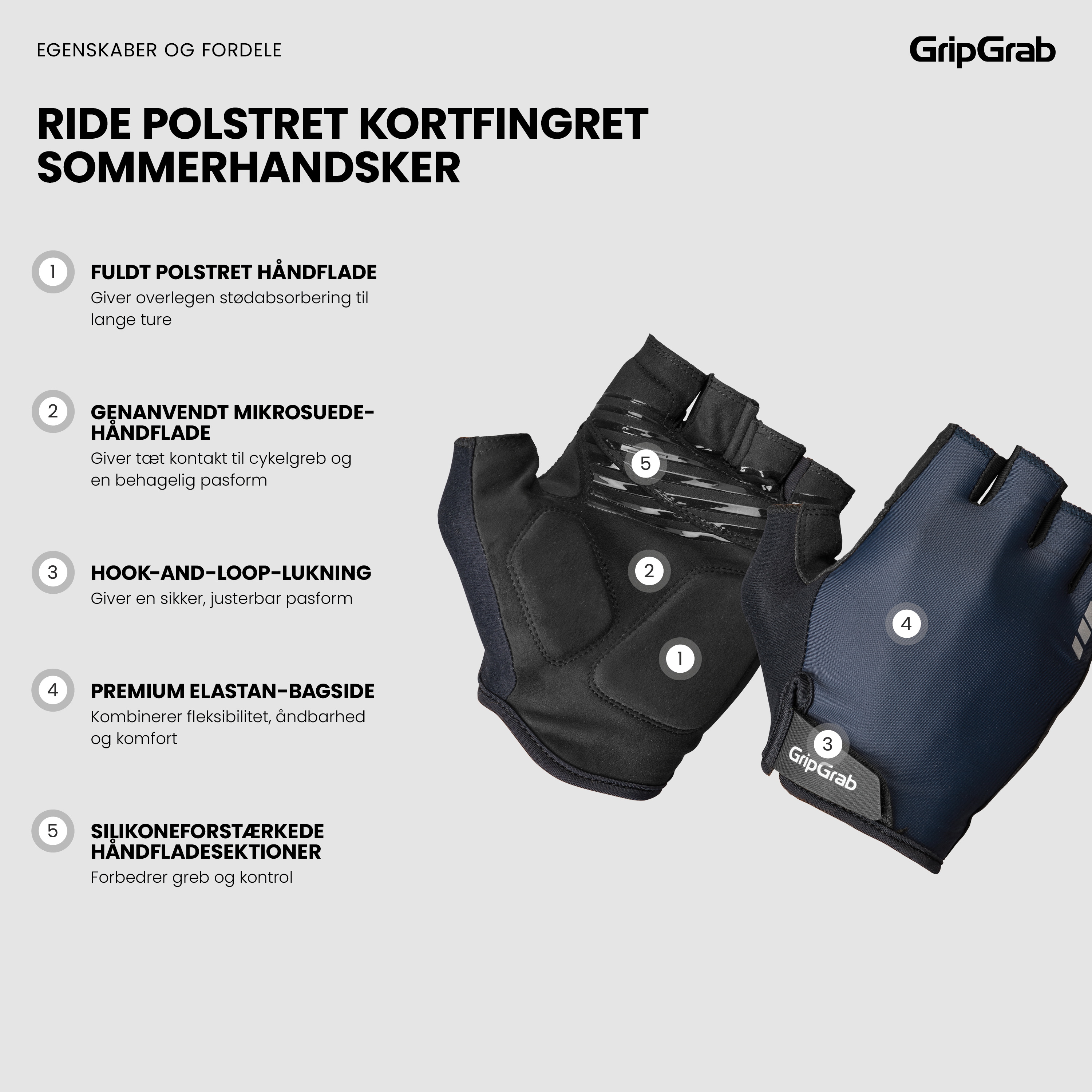 Beklædning - Cykelhandsker - GripGrab RIDE Polstret Kortfingret Sommerhandsker - Navy Blue