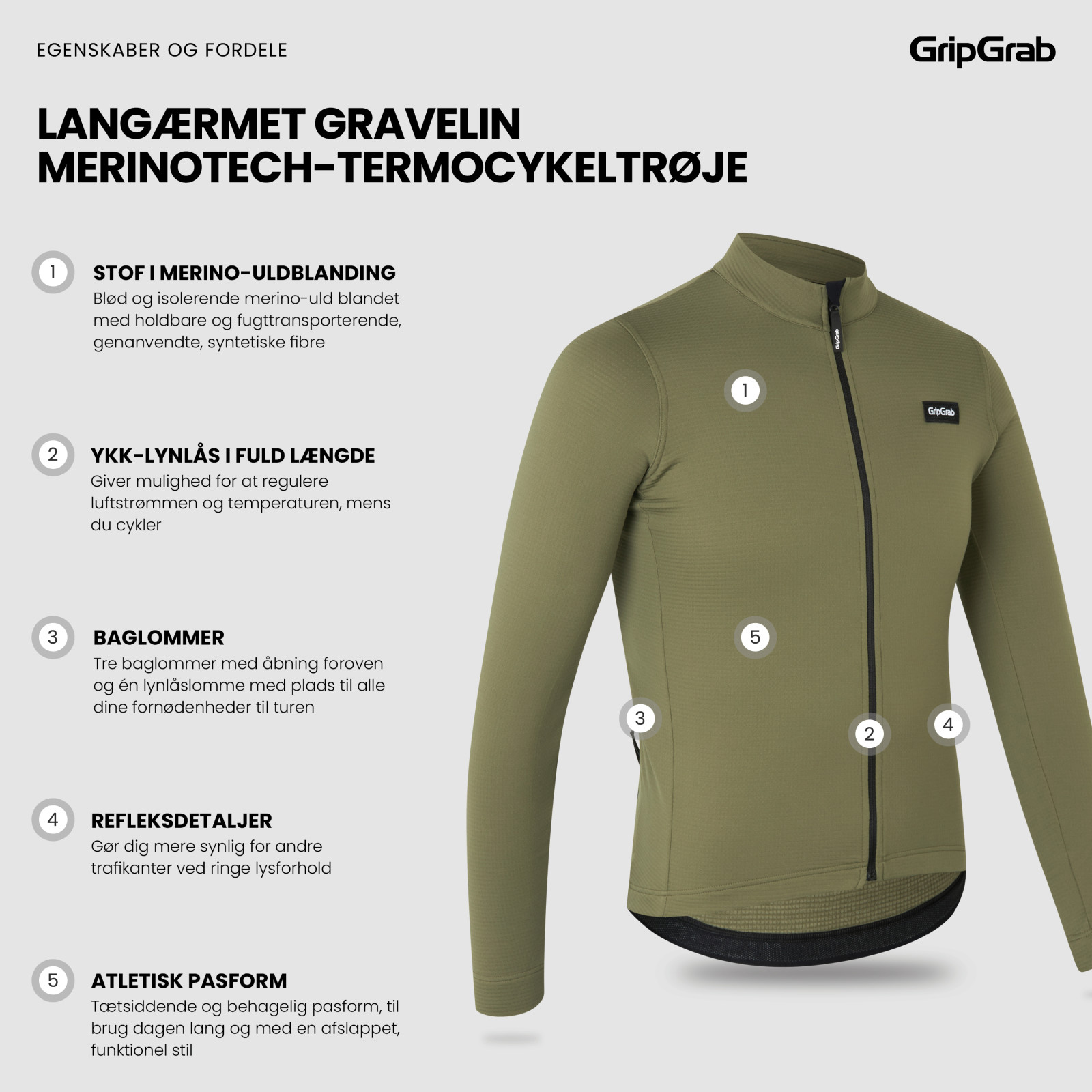 Beklædning - Cykeltrøjer - GripGrab Langærmet Gravelin Merinotech termocykeltrøje - Grøn