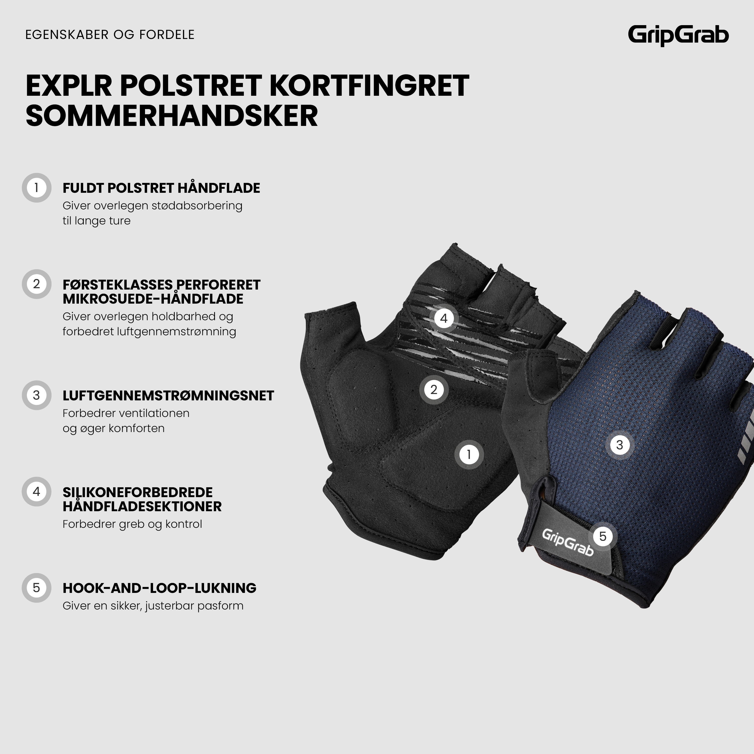 Beklædning - Cykelhandsker - GripGrab EXPLR Polstret Kortfingret Sommerhandsker - Navy Blue