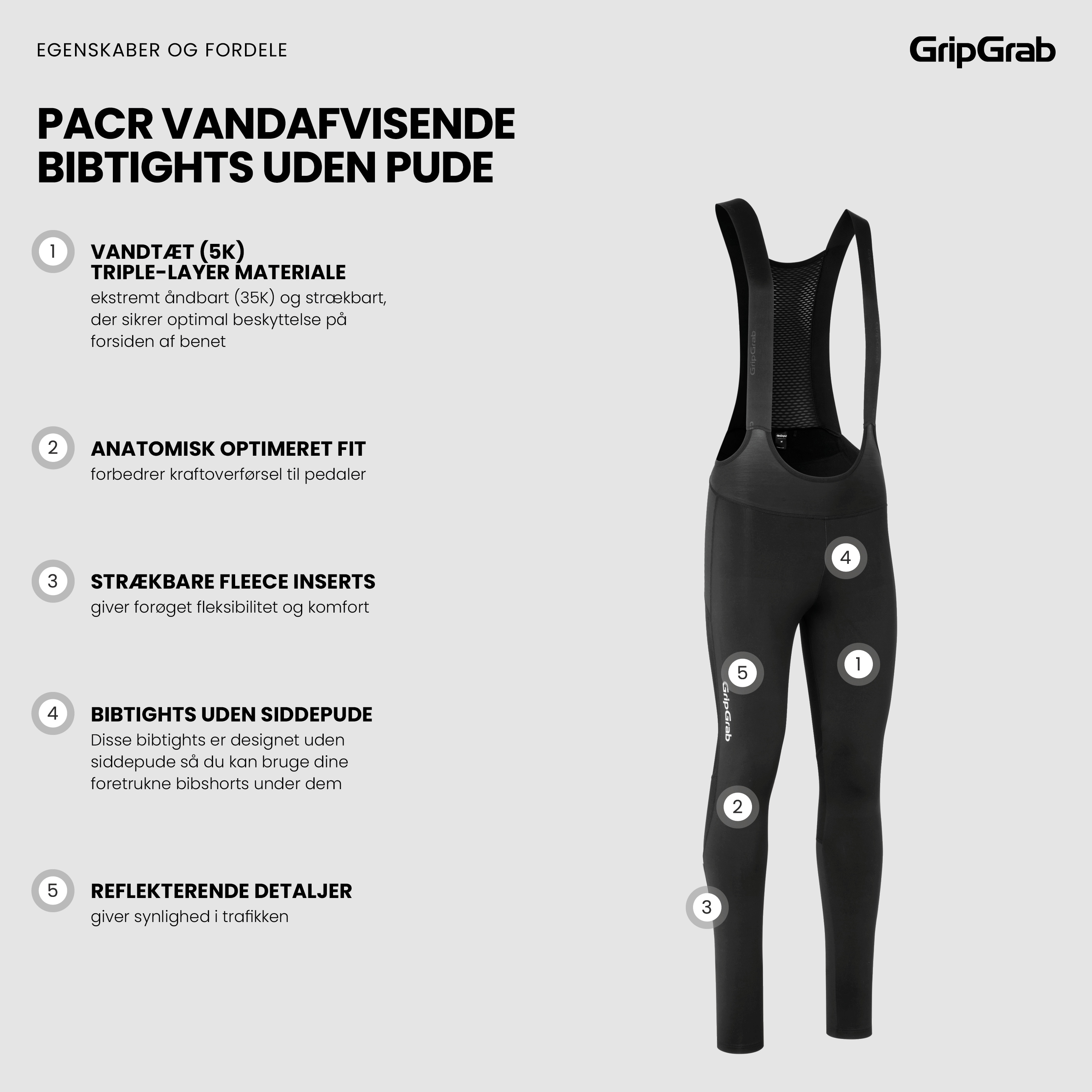 Beklædning - Cykelbukser - GripGrab PACR Vandafvisende bibtights u. pude - Black