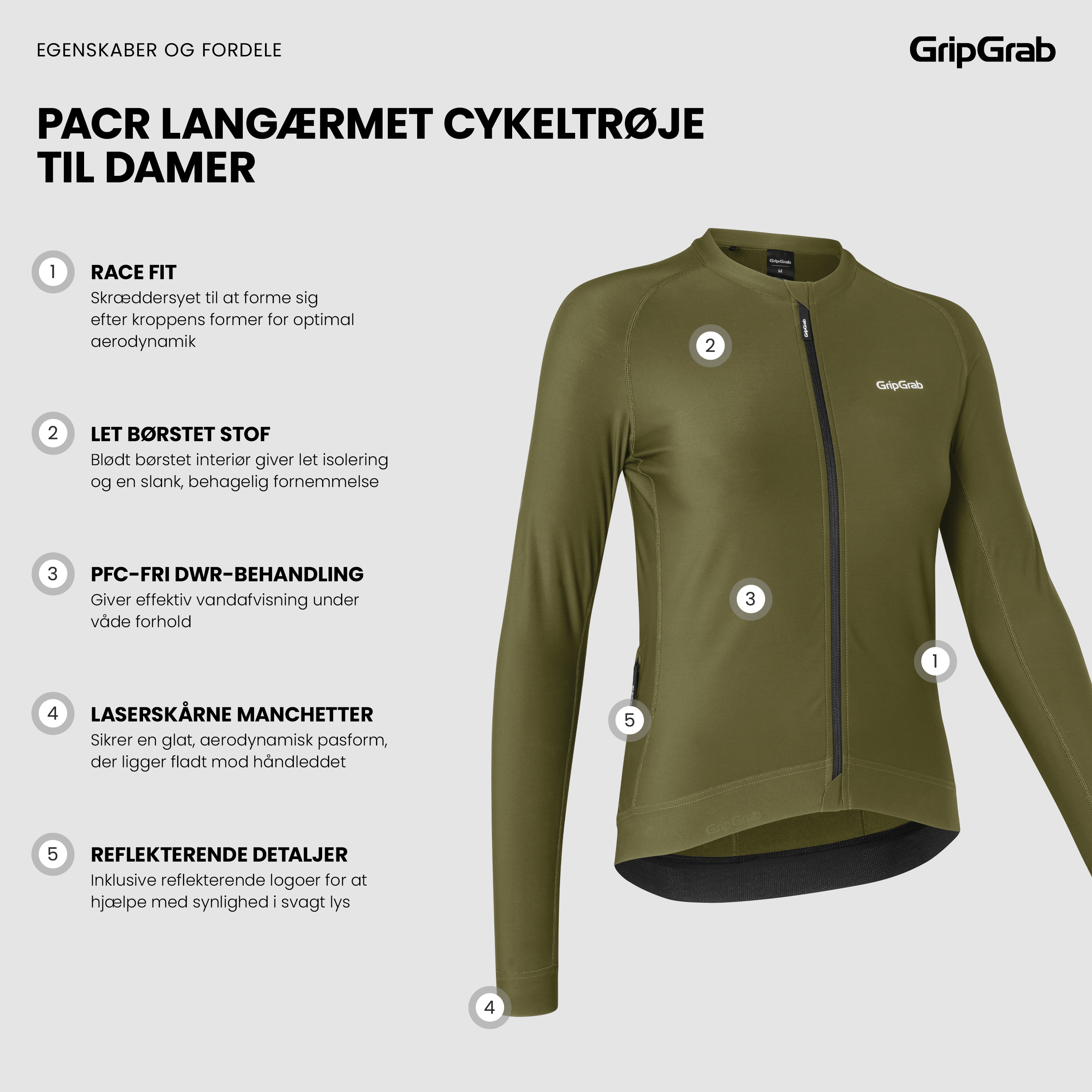 Beklædning - Cykeltrøjer - GripGrab PACR Langærmet Cykeltrøje til damer - Olive Green