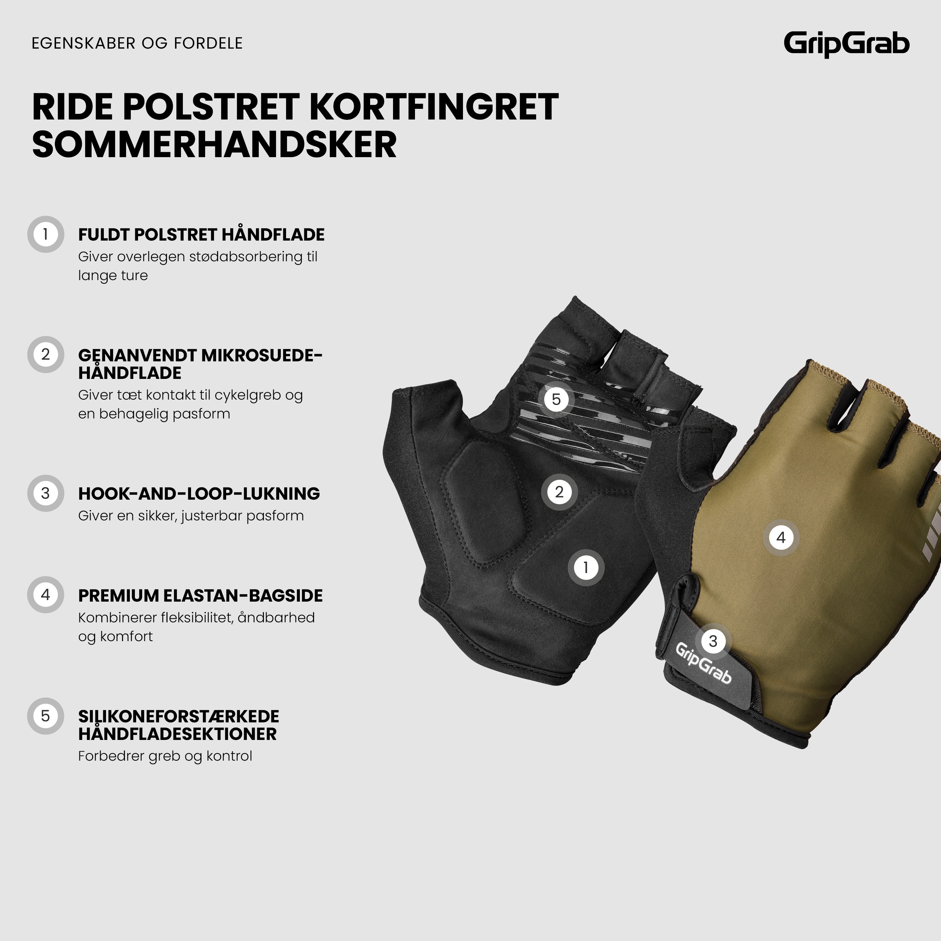 Beklædning - Cykelhandsker - GripGrab RIDE Polstret Kortfingret Sommerhandsker - Olive Green