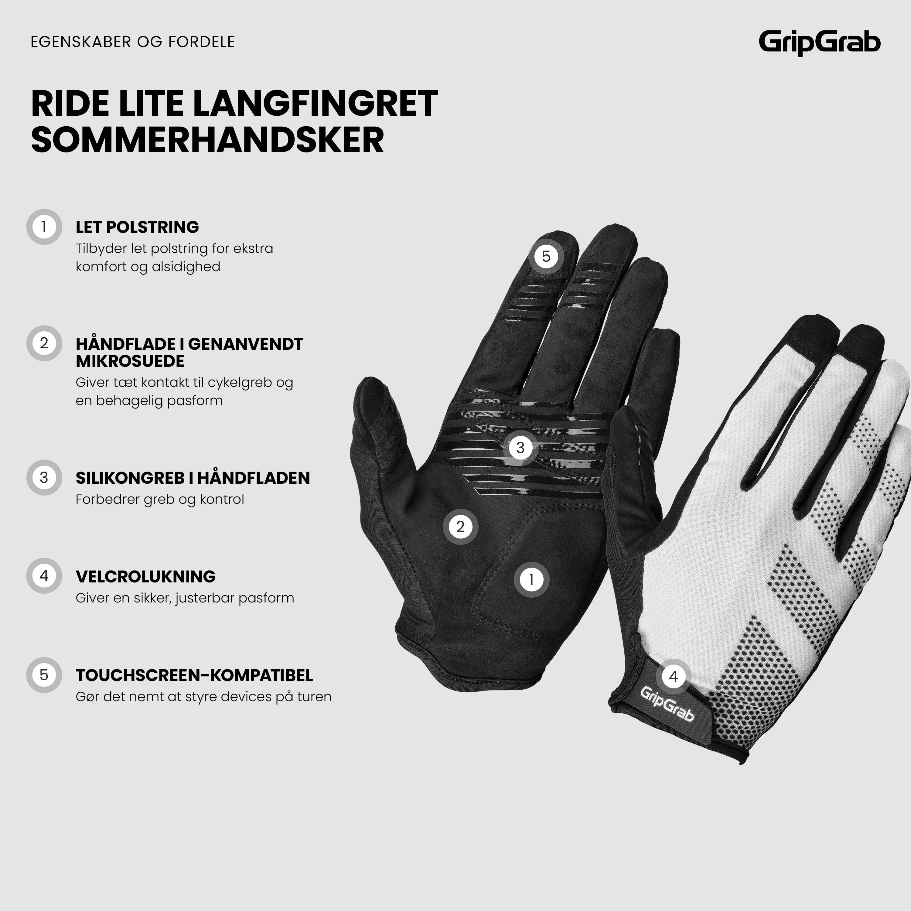 Beklædning - Cykelhandsker - GripGrab RIDE Lite Langfingret Sommerhandsker - White