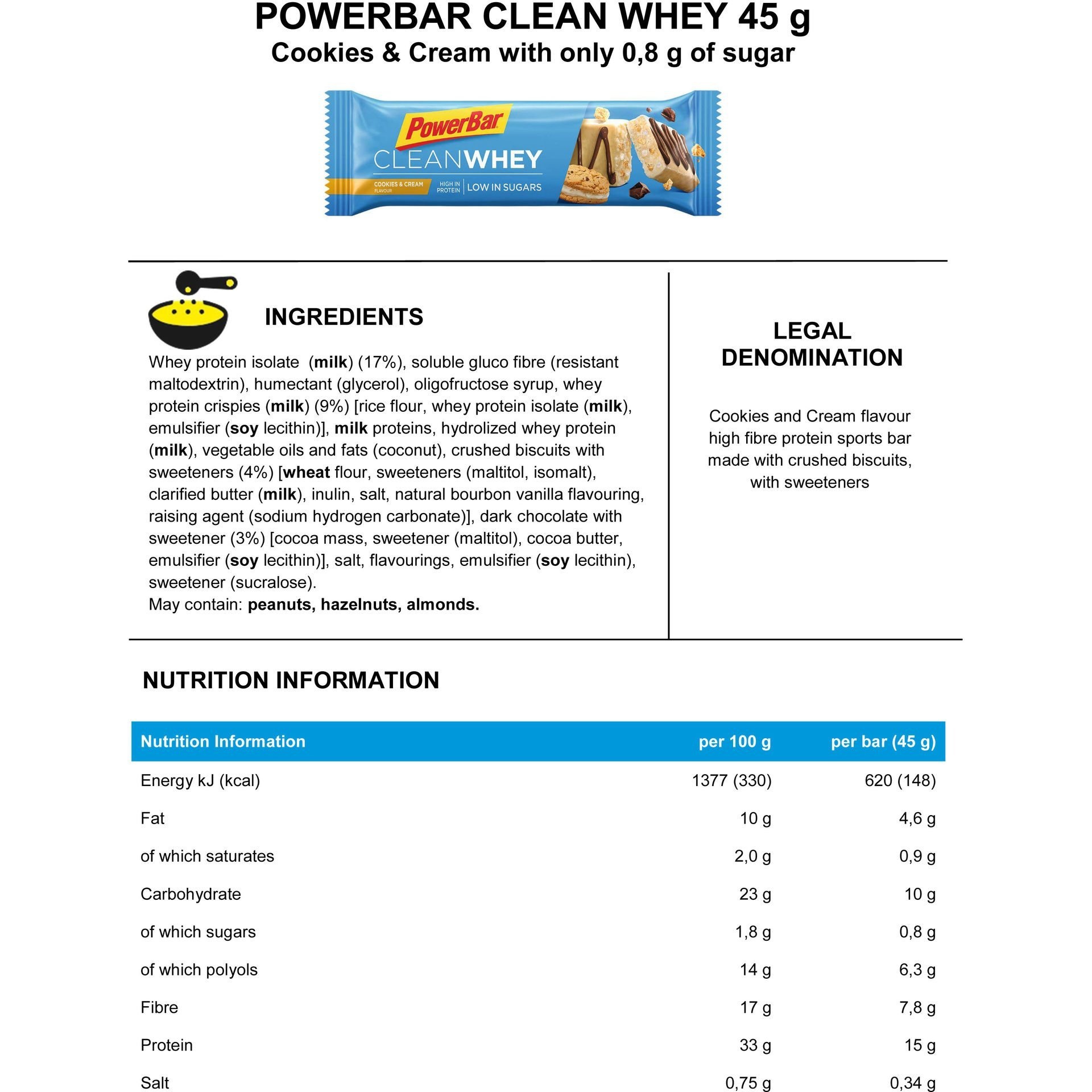 Tilbehør - Energiprodukter - PowerBar Clean Whey Proteinbar Cookies and Cream - 45g