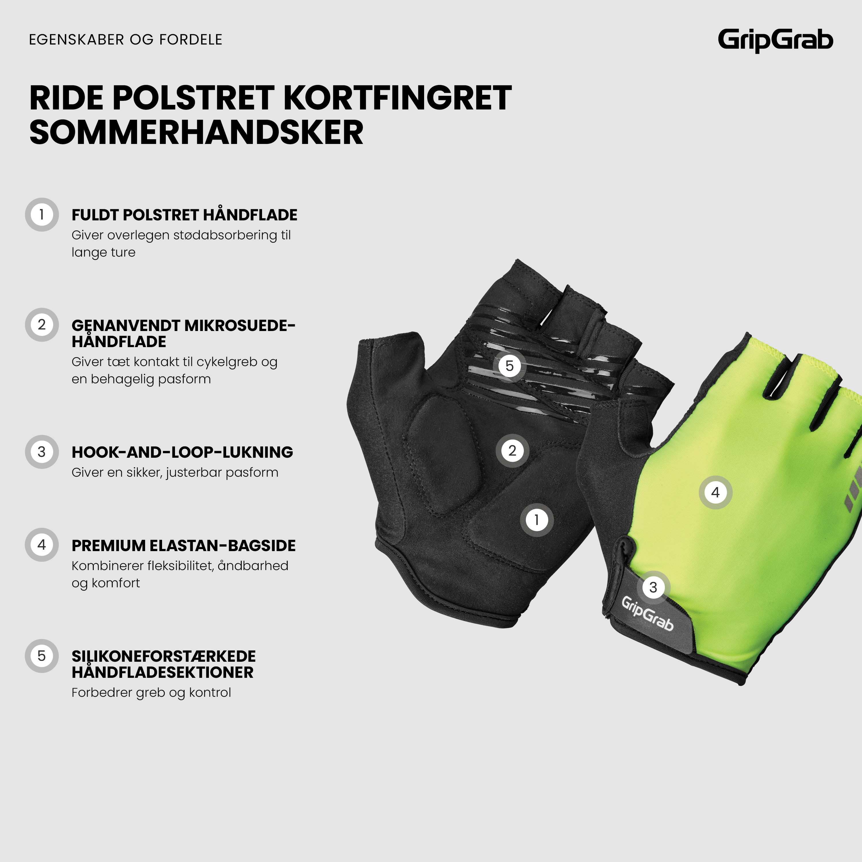 Beklædning - Cykelhandsker - GripGrab RIDE Polstret Kortfingret Sommerhandsker - Yellow Hi-Vis