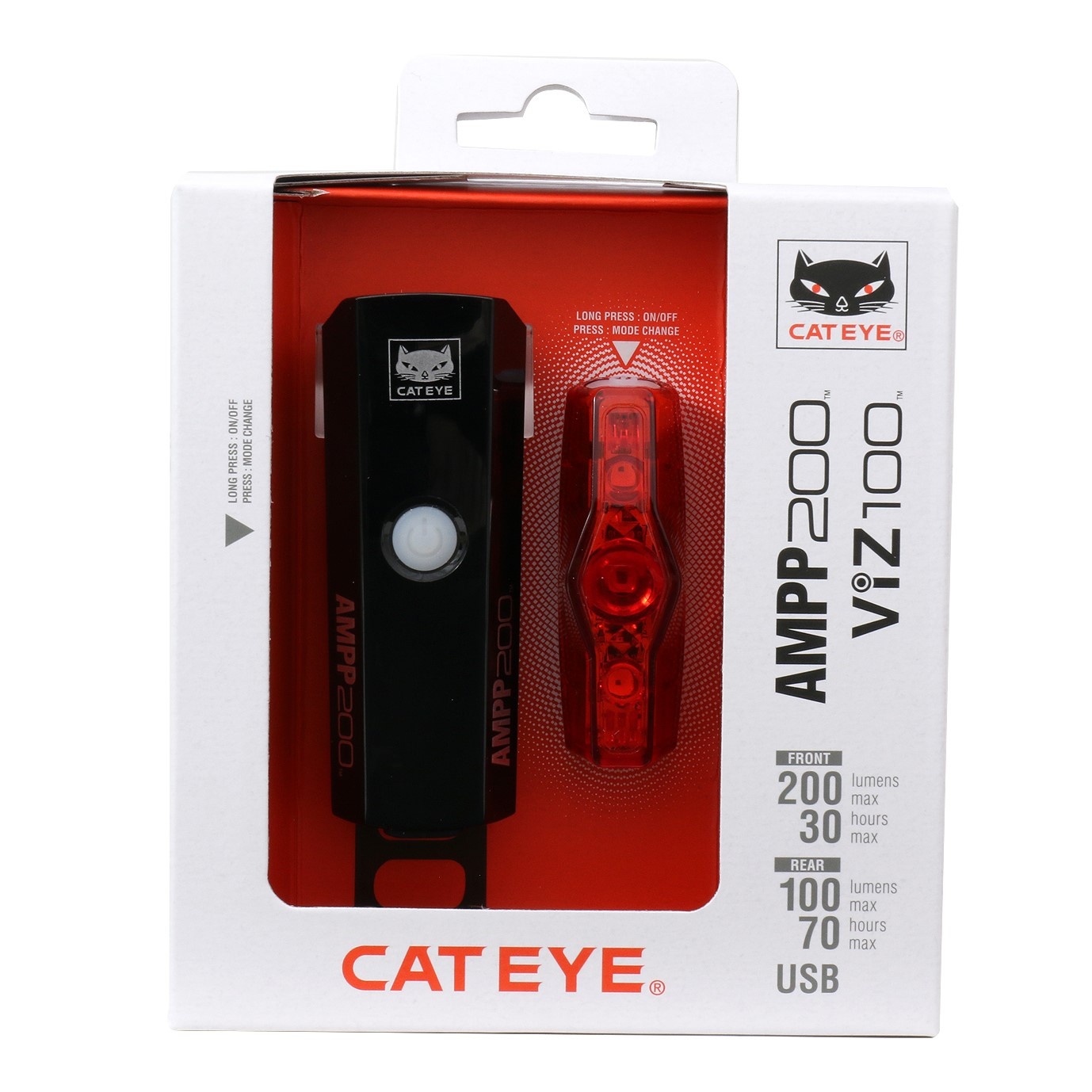 Tilbehør - Cykellygter - CatEye Lygtesæt - AMPP200/ViZ100 USB opl. - 200/100 lumen