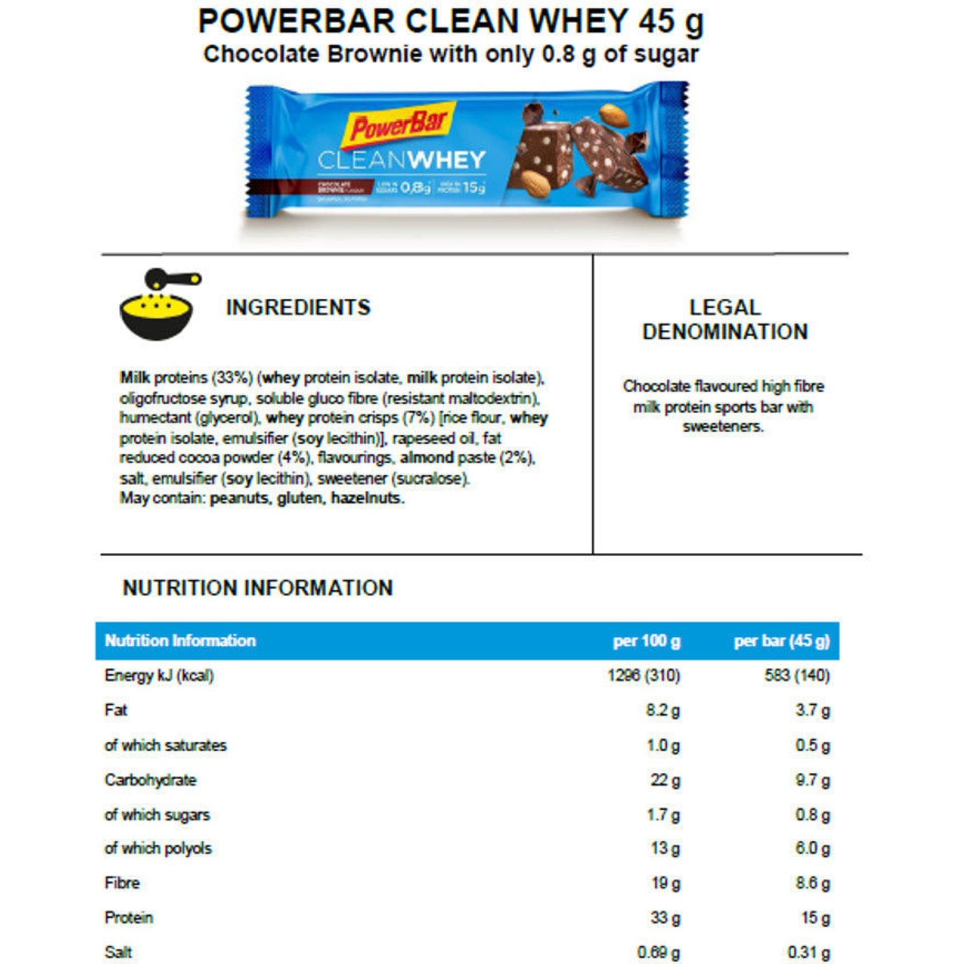 Tilbehør - Energiprodukter - PowerBar Clean Whey Proteinbar Chocolate Brownie - 45g