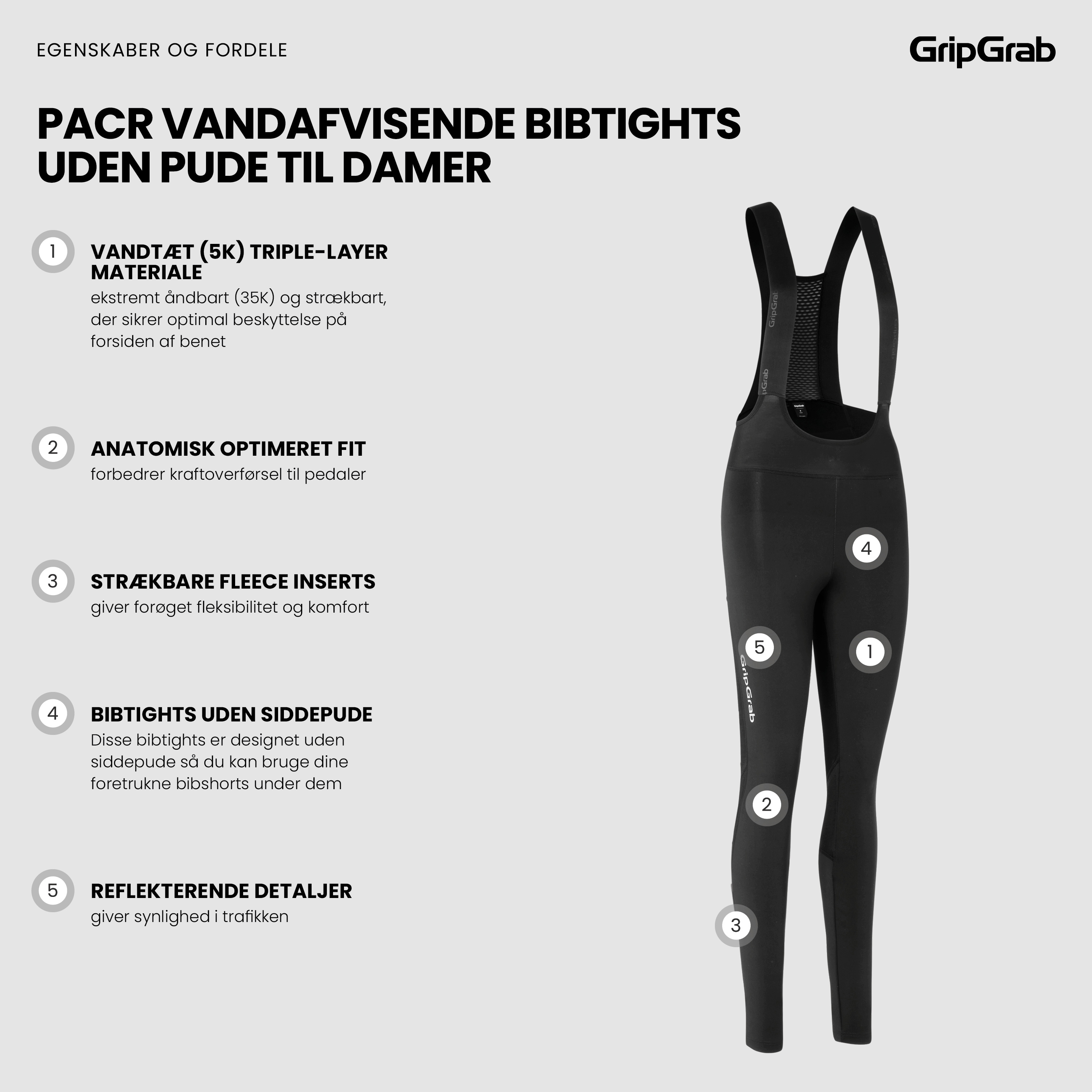 Beklædning - Cykelbukser - GripGrab PACR Vandafvisende bibtights u. pude til damer - Black