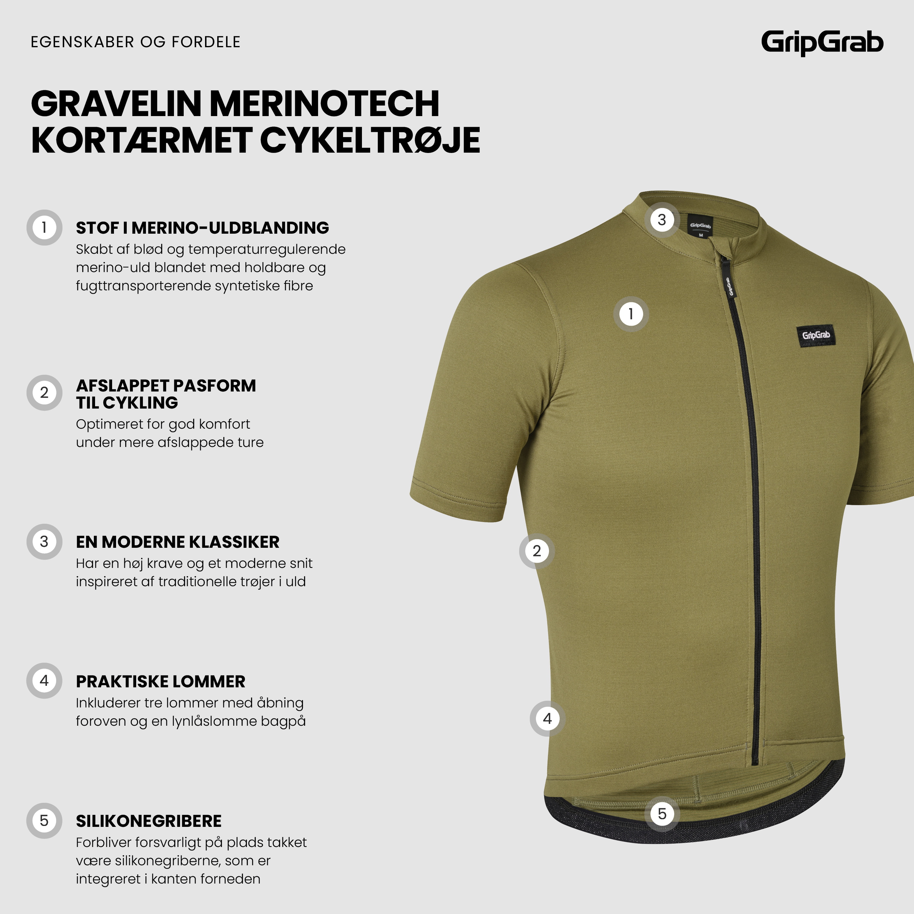 Beklædning - Cykeltrøjer - GripGrab Kortærmet Gravelin Merinotech Cykeltrøje - Olive Green