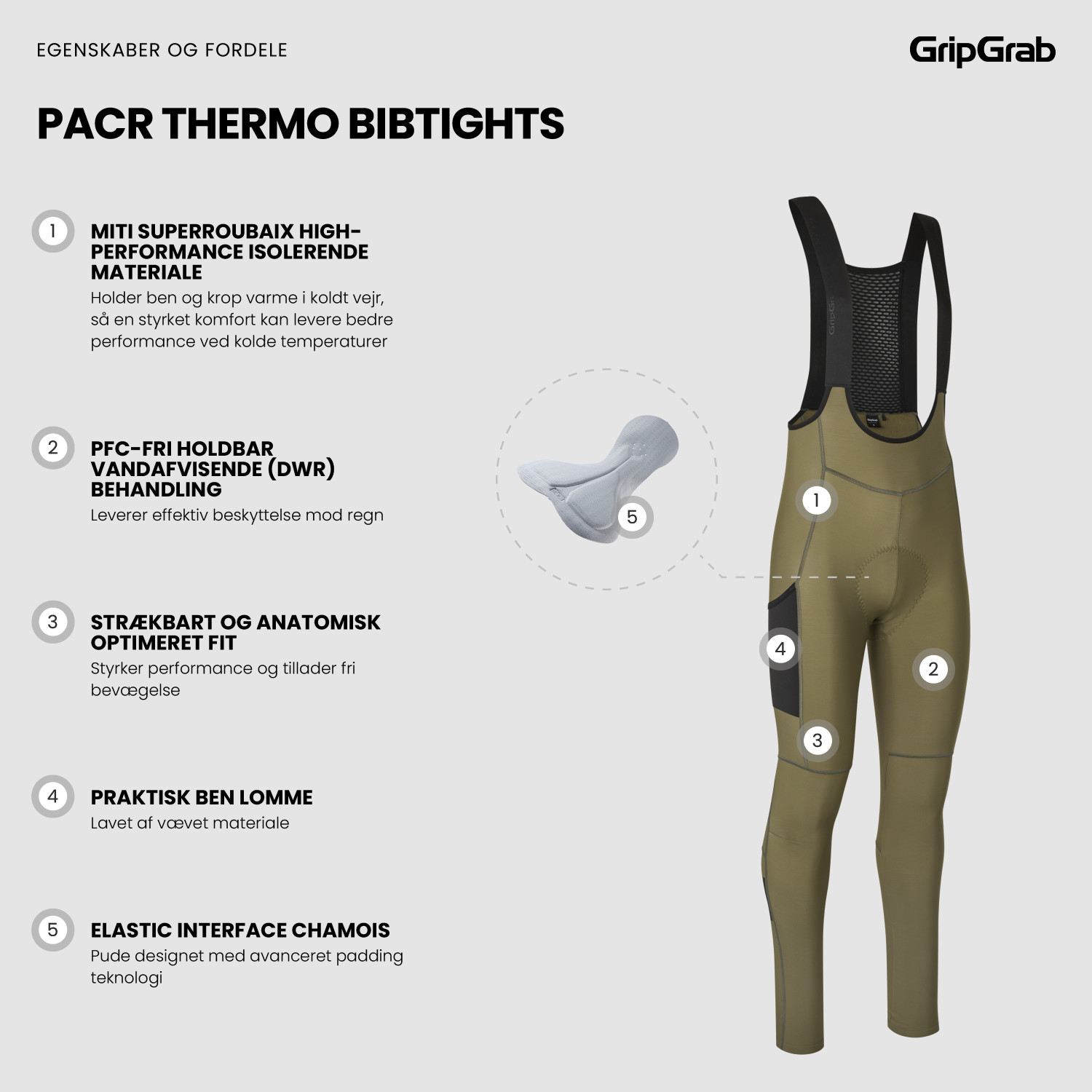 Beklædning - Cykelbukser - GripGrab PACR Thermo bibtights - Olive Green