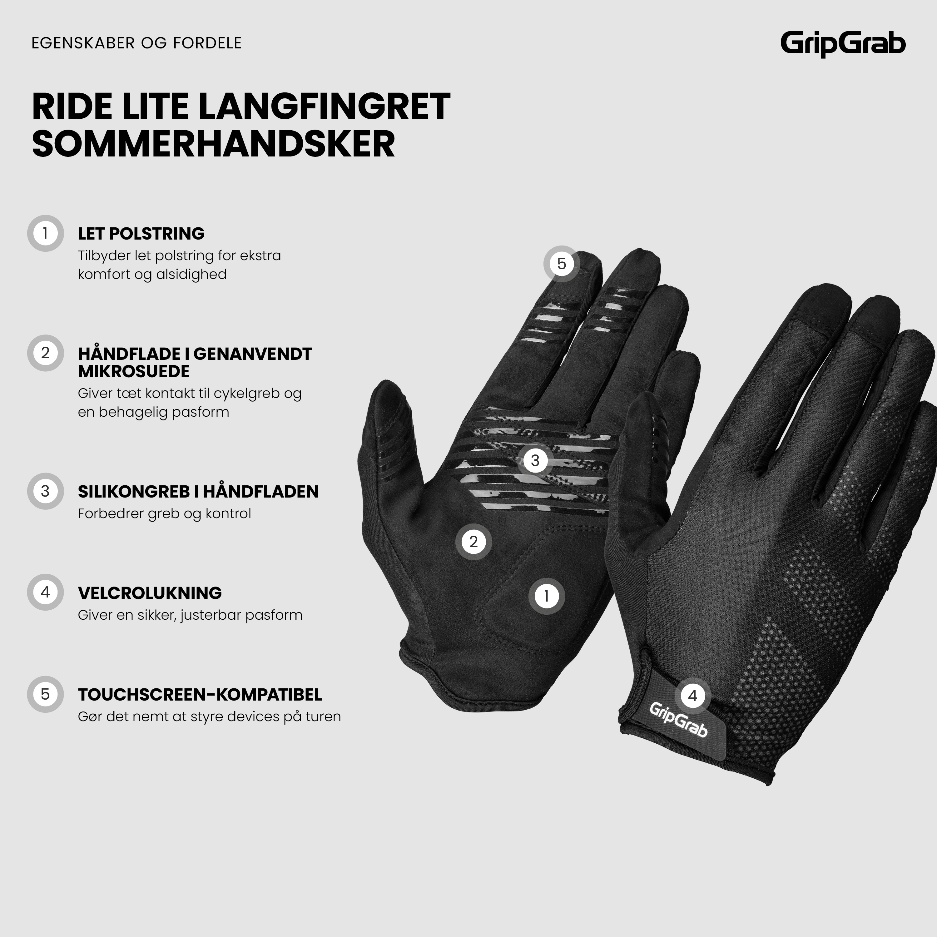 Beklædning - Cykelhandsker - GripGrab RIDE Lite Langfingret Sommerhandsker - Black