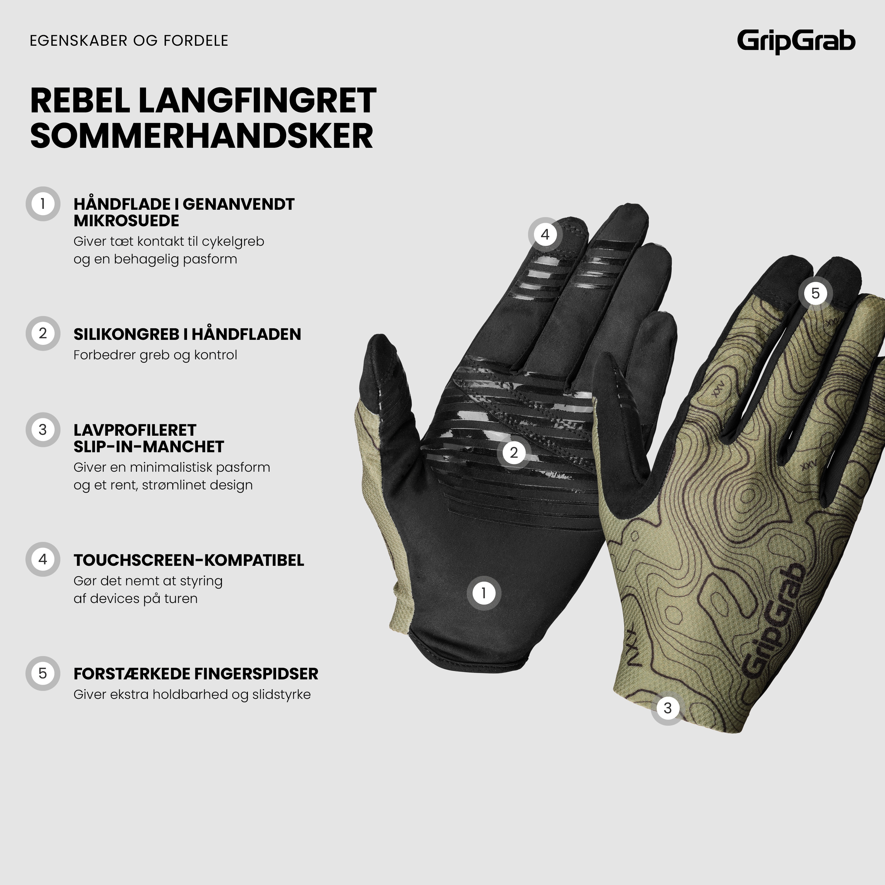 Beklædning - Cykelhandsker - GripGrab Rebel Langfingret Sommerhandsker - Olive Green