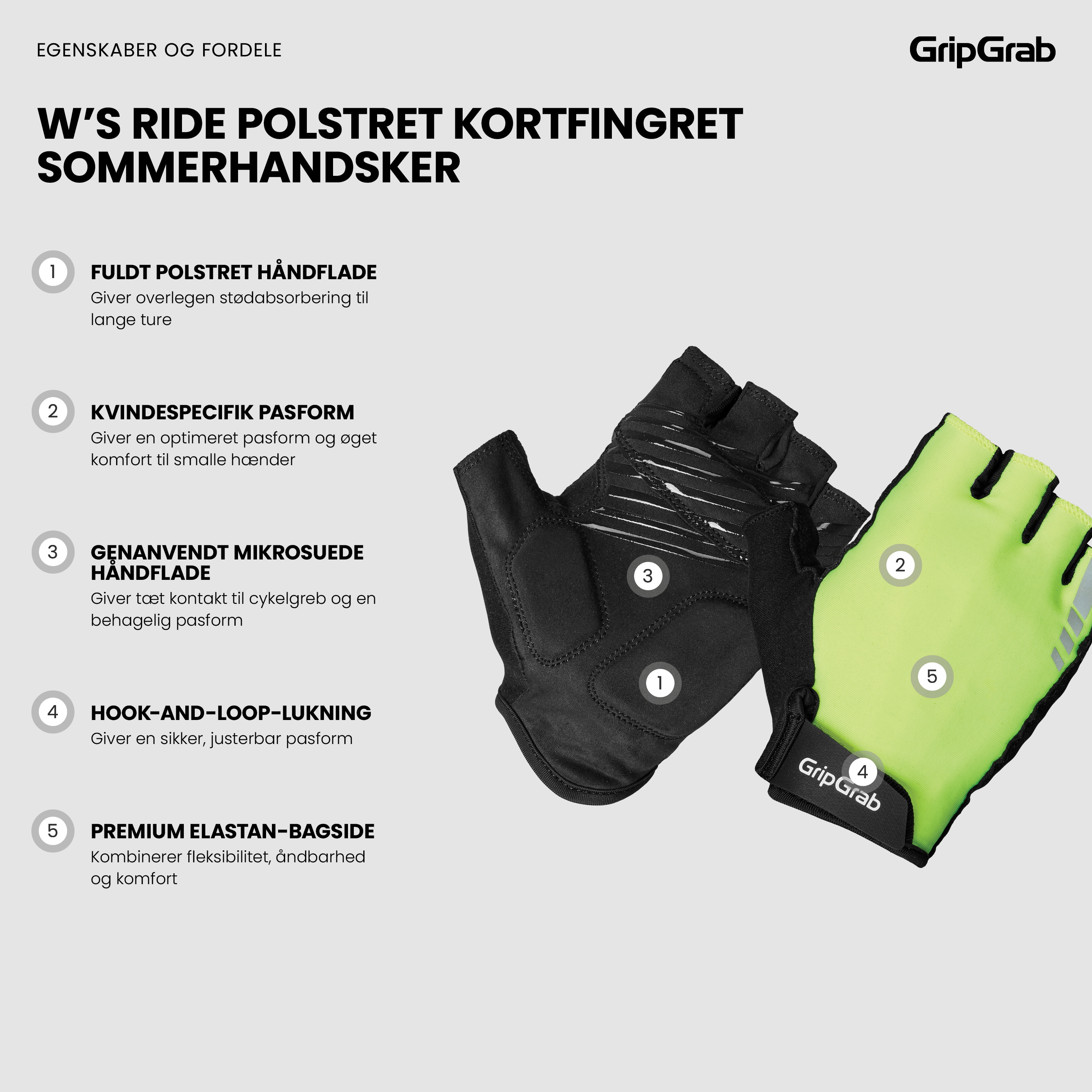 Beklædning - Cykelhandsker - GripGrab W's RIDE Polstret Kortfingret Sommerhandsker - Yellow Hi-Vis