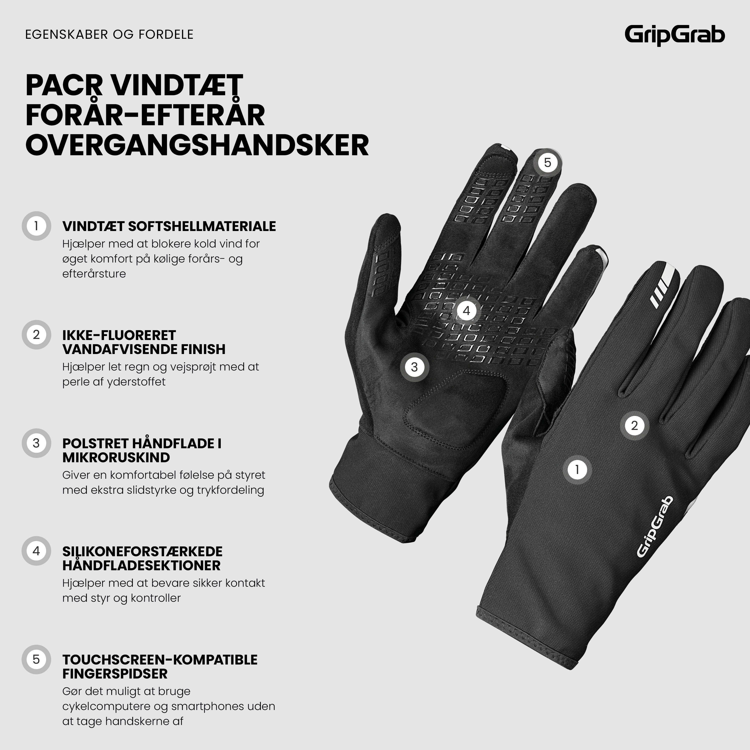 Beklædning - Cykelhandsker - GripGrab PACR Vindtæt Forår-Efterår Overgangshandsker - Black