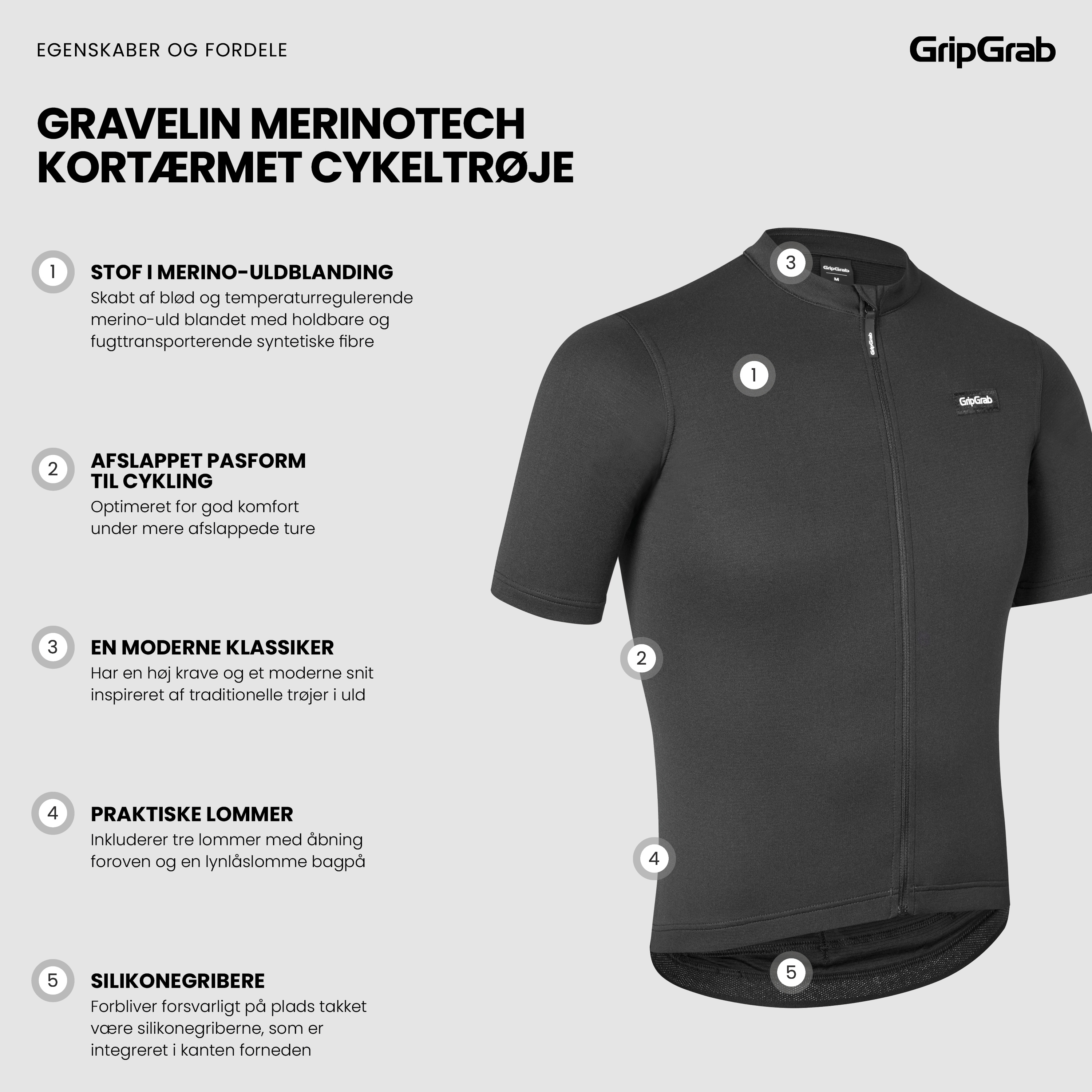 Beklædning - Cykeltrøjer - GripGrab Kortærmet Gravelin Merinotech Cykeltrøje - Black