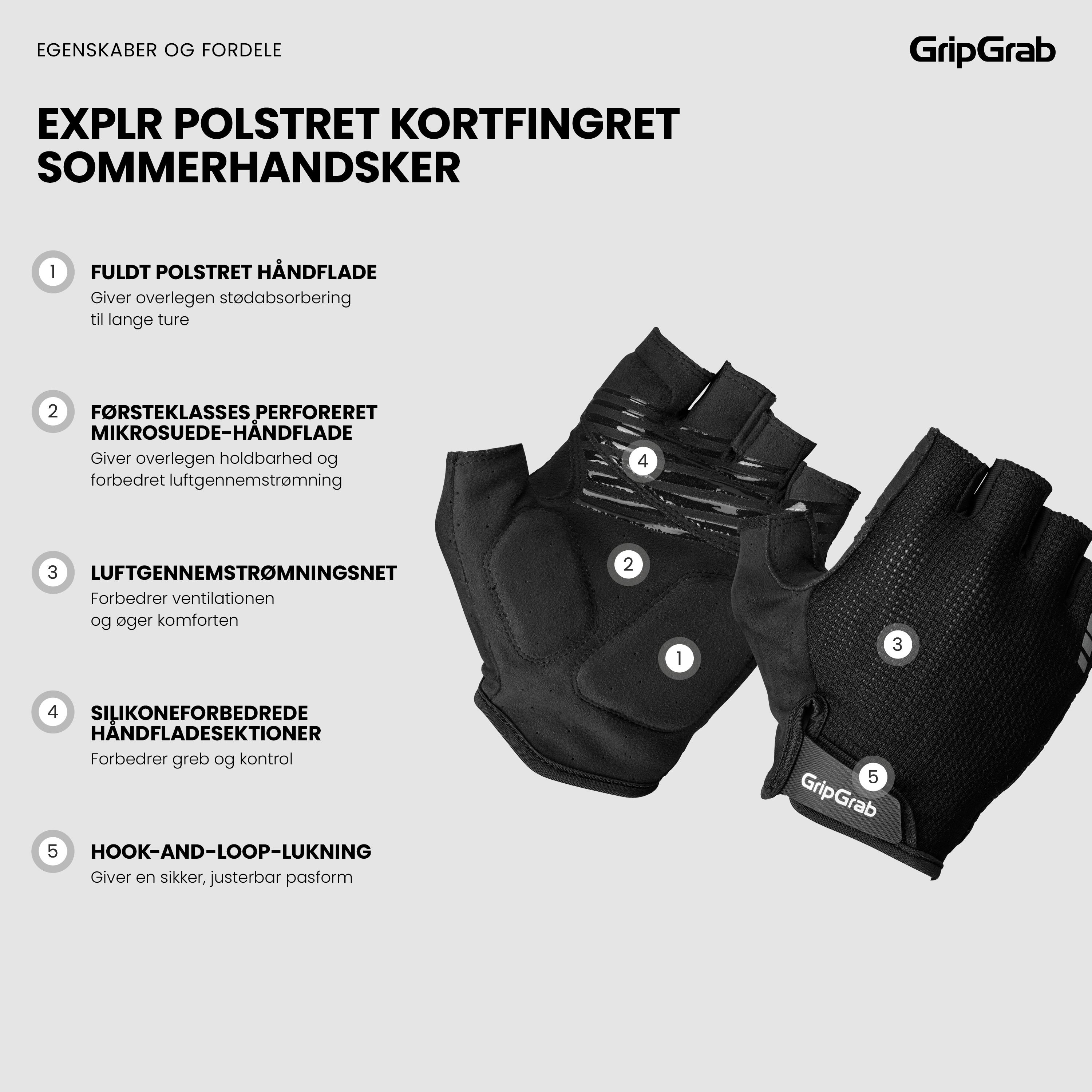 Beklædning - Cykelhandsker - GripGrab EXPLR Polstret Kortfingret Sommerhandsker - Black