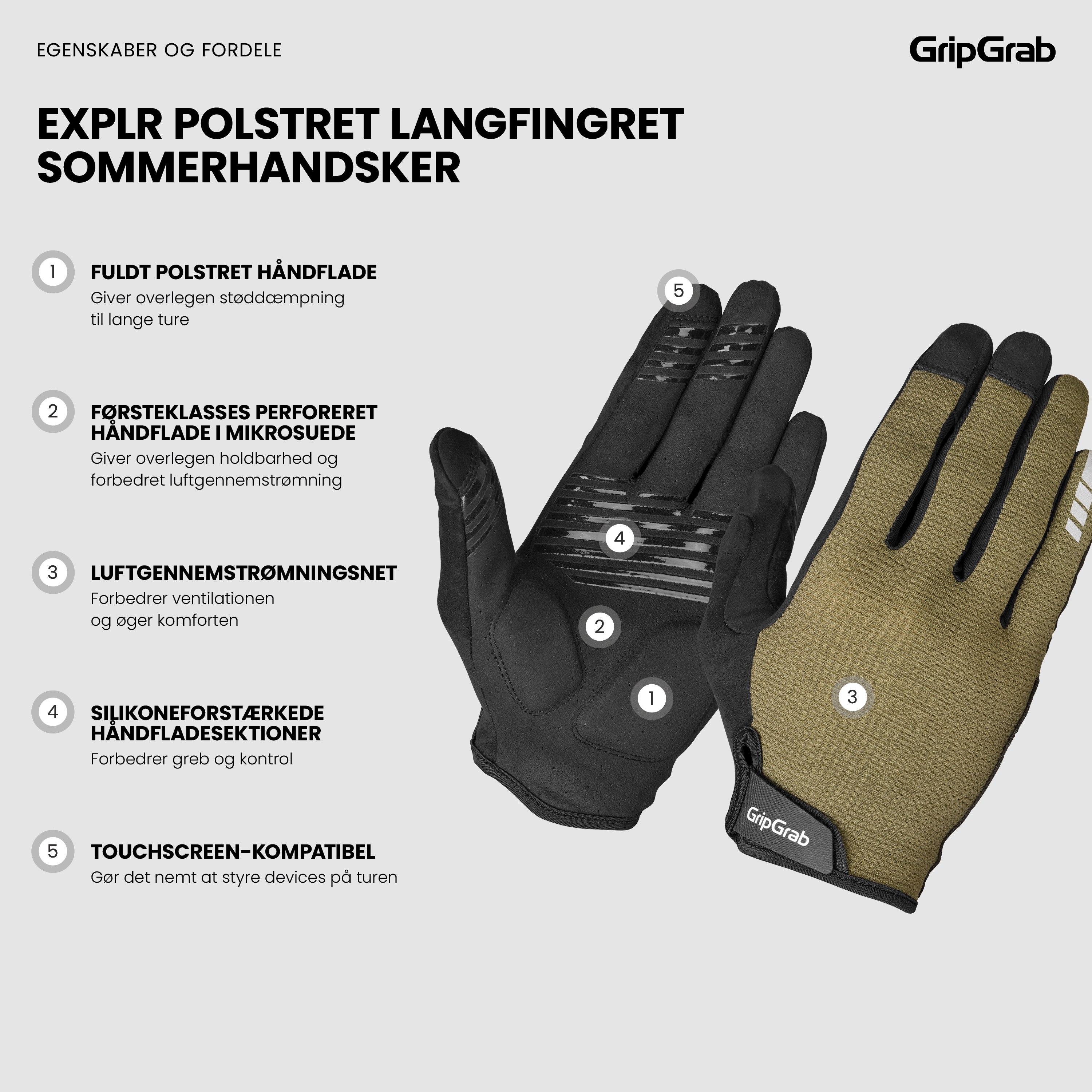 Beklædning - Cykelhandsker - GripGrab EXPLR Polstret Langfingret Sommerhandsker - Olive Green