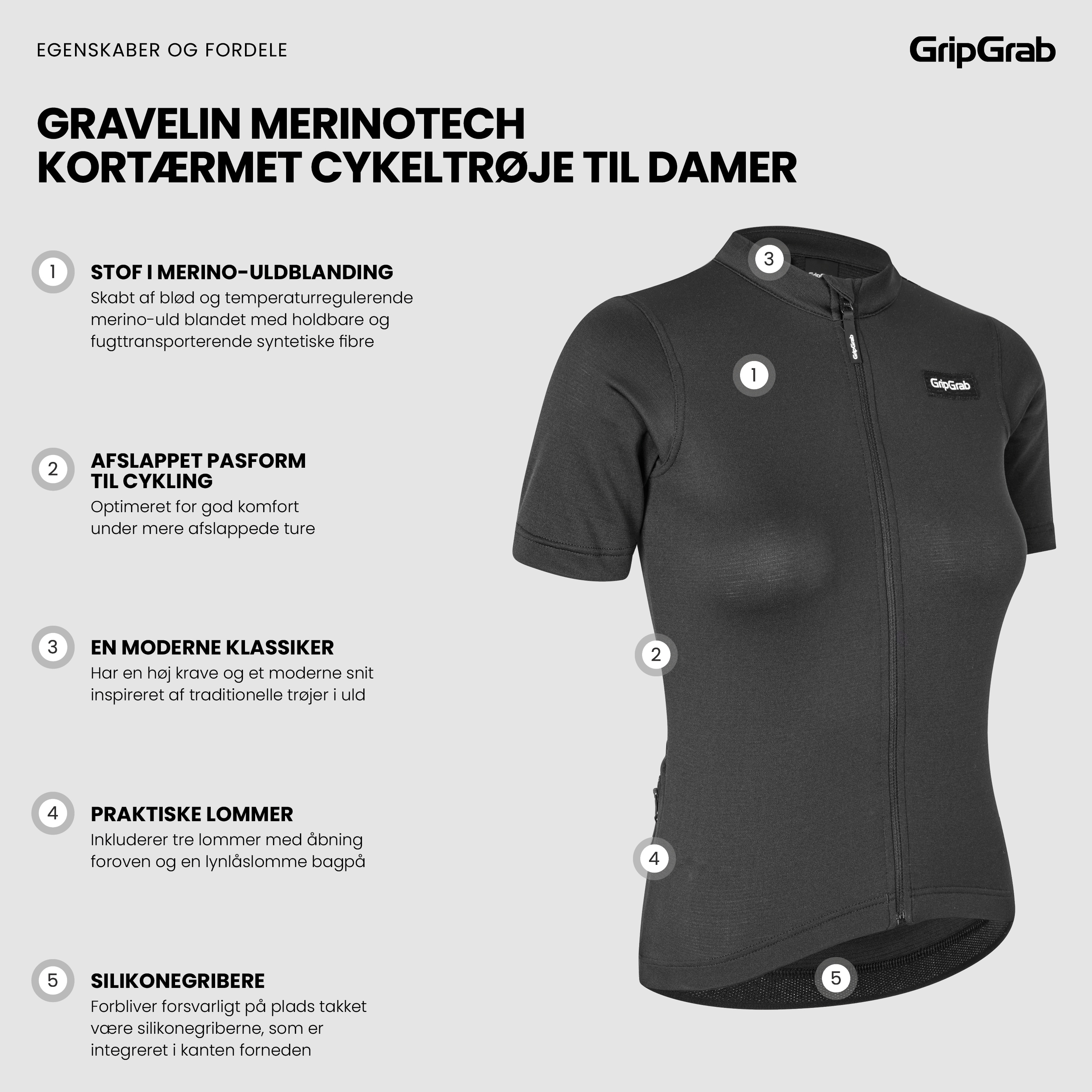 Beklædning - Cykeltrøjer - GripGrab Women's Kortærmet Gravelin Merinotech Cykeltrøje - Black