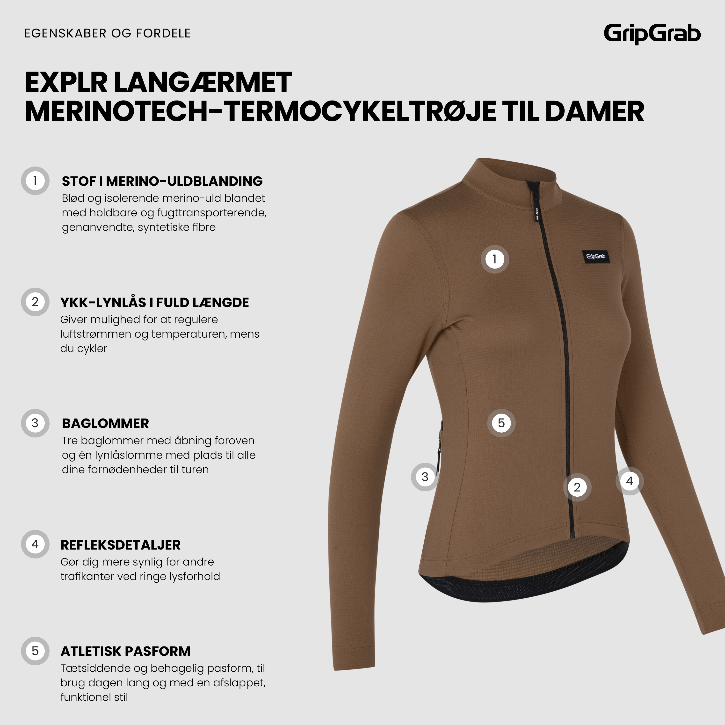 Beklædning - Cykeltrøjer - GripGrab Langærmet EXPLR Merinotech-termocykeltrøje til damer - Brown