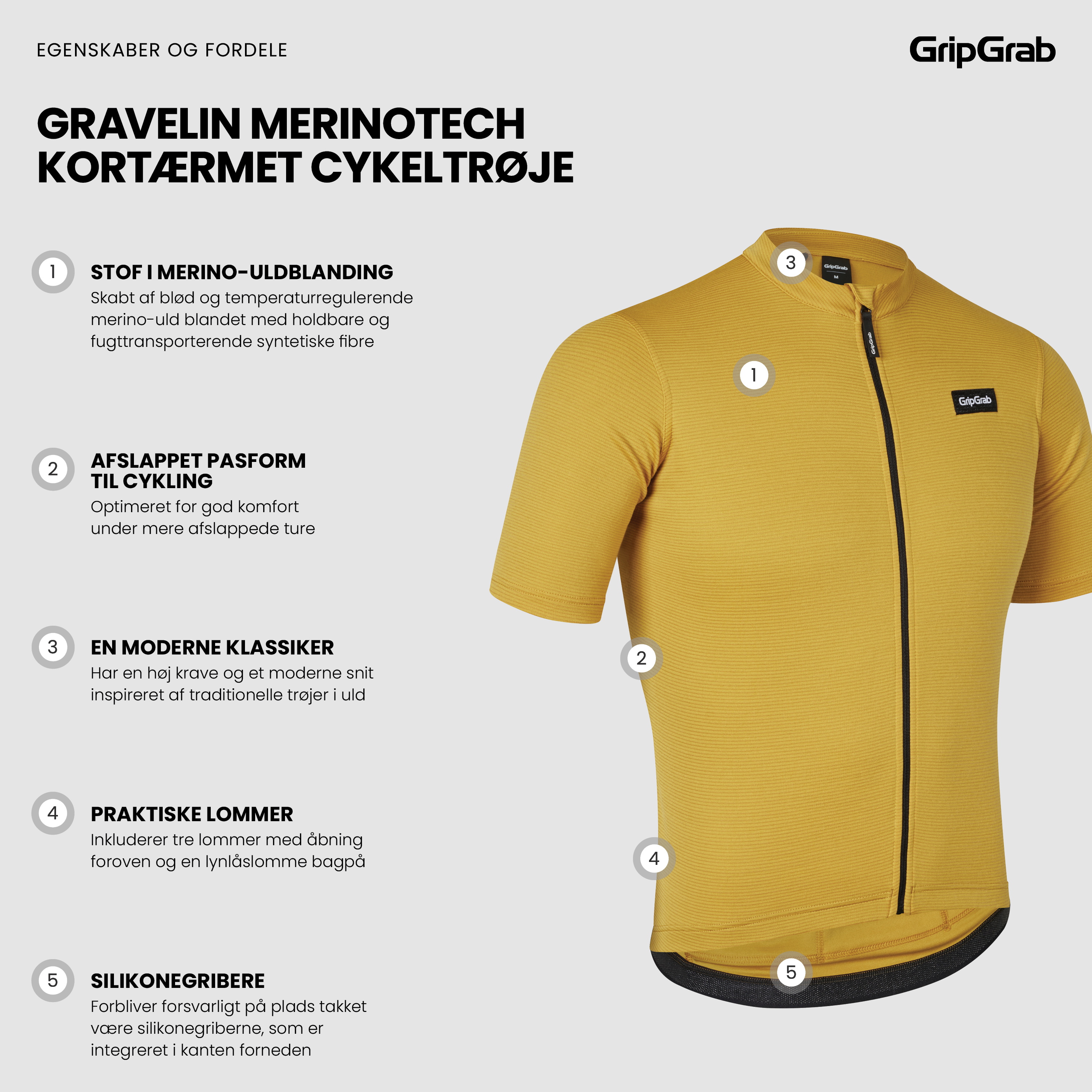 Beklædning - Cykeltrøjer - GripGrab Kortærmet Gravelin Merinotech Cykeltrøje - Mustard Yellow