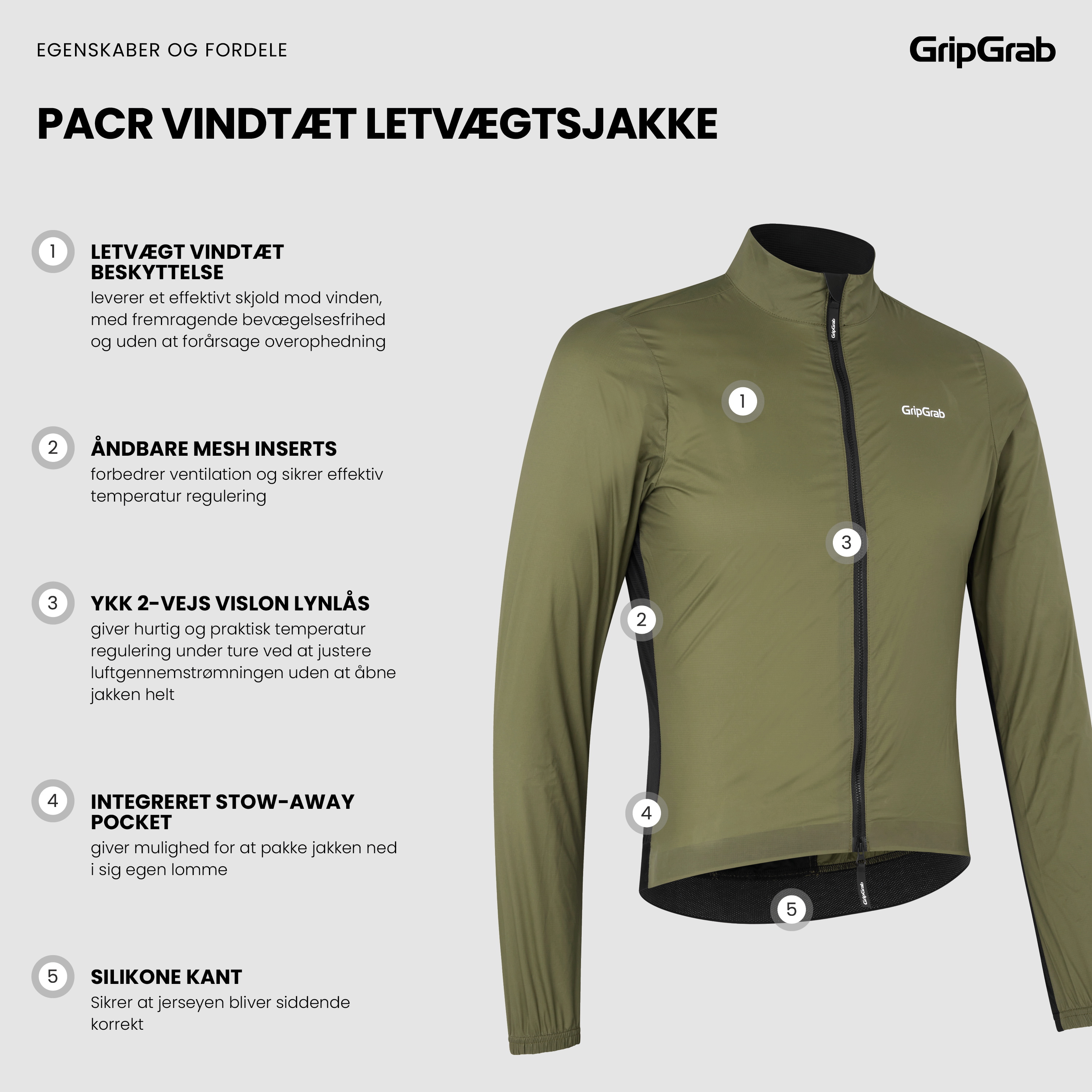 Beklædning - Regntøj & Vindtøj - GripGrab PACR Vindtæt Letvægtsjakke - Olive Green
