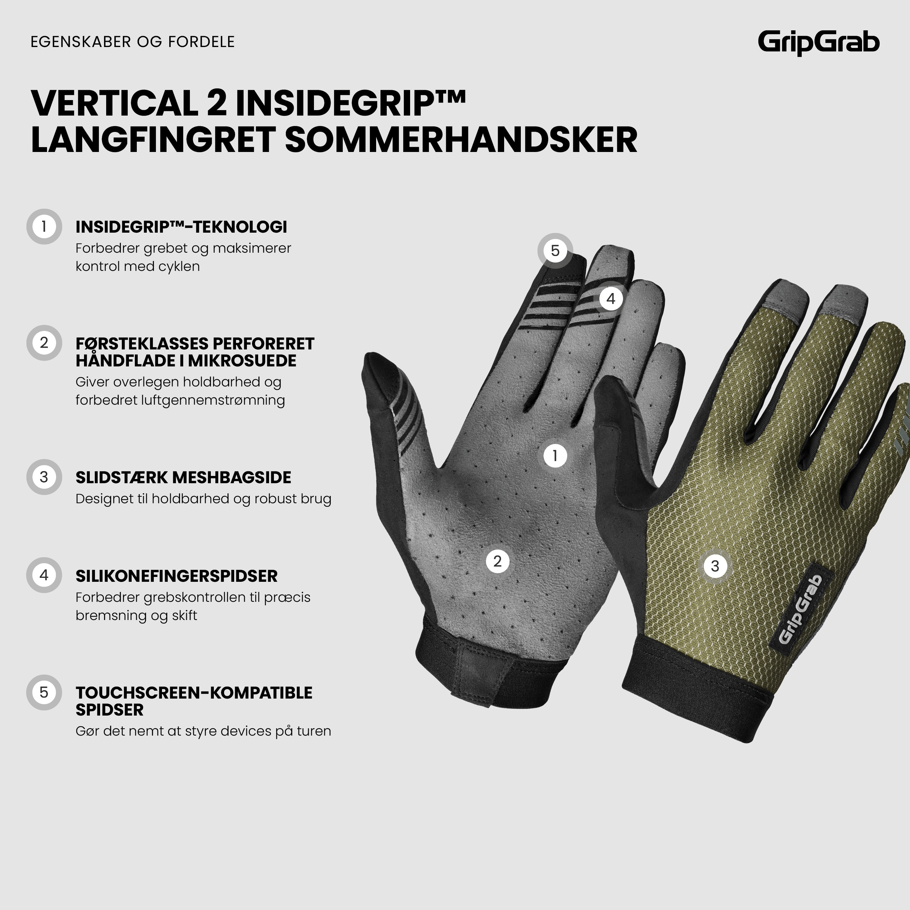 Beklædning - Cykelhandsker - GripGrab Vertical 2 InsideGrip™ Langfingret Sommerhandsker - Olive Green