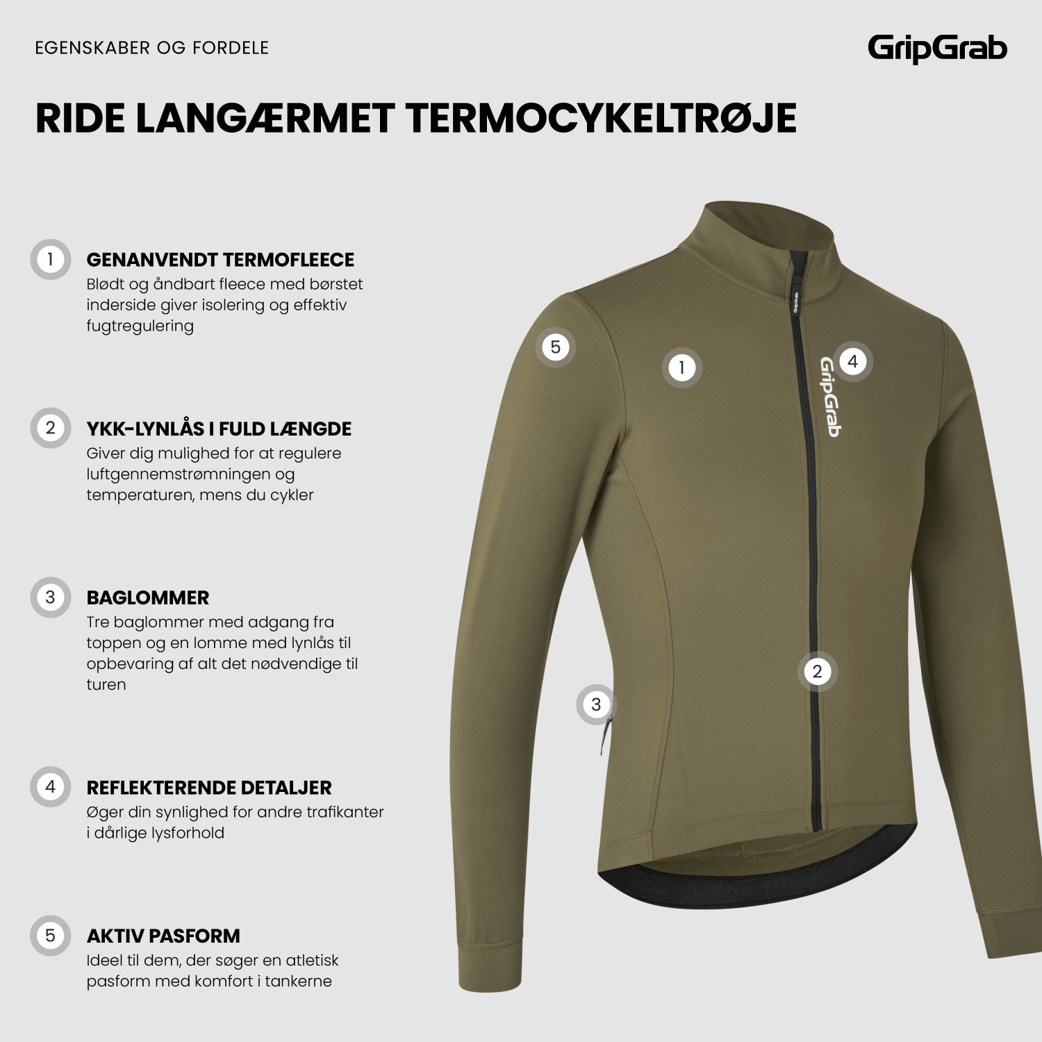 Beklædning - Cykeltrøjer - GripGrab RIDE Langærmet termocykeltrøje - Olive Green