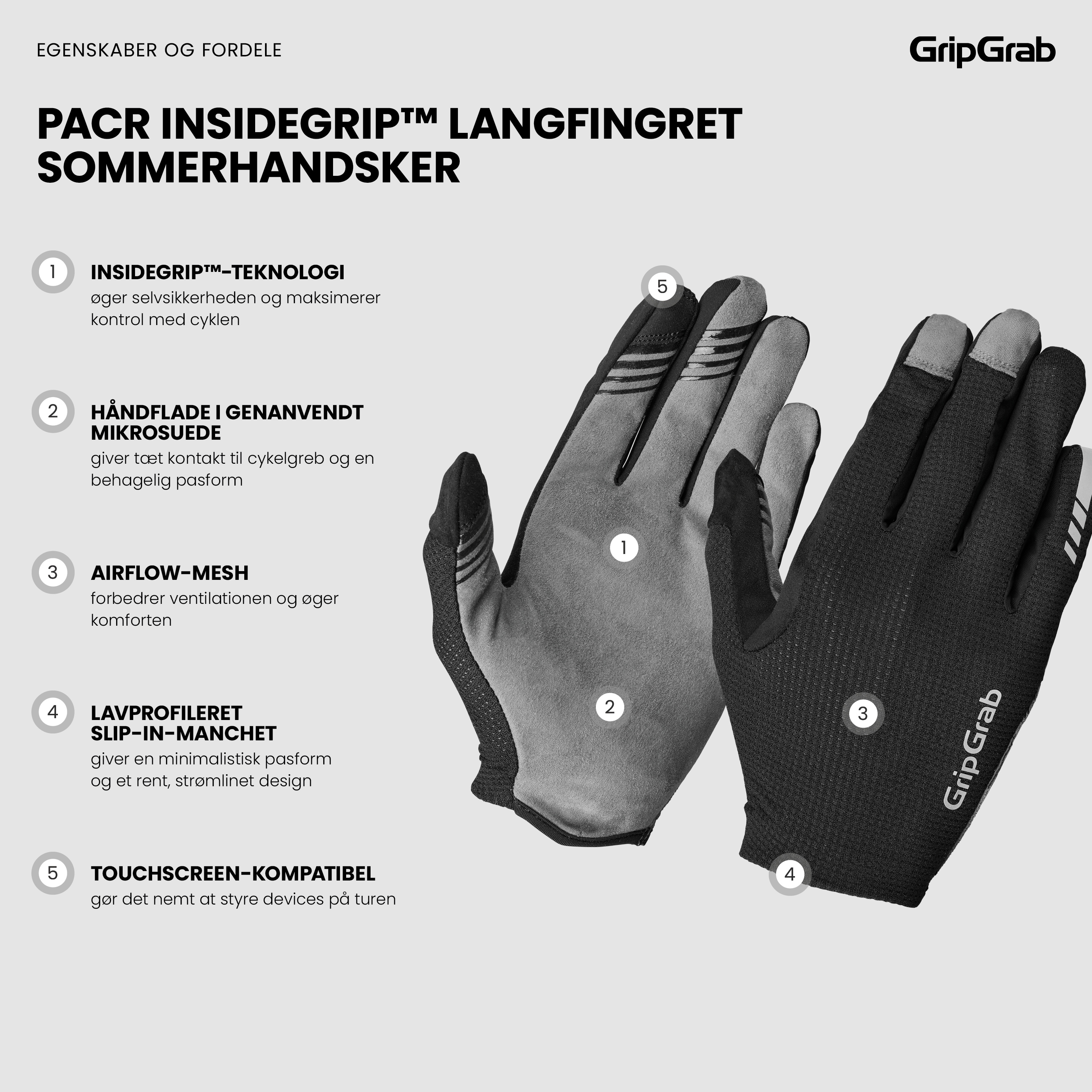Beklædning - Cykelhandsker - GripGrab PACR InsideGrip™ Langfingret Sommerhandsker - Black