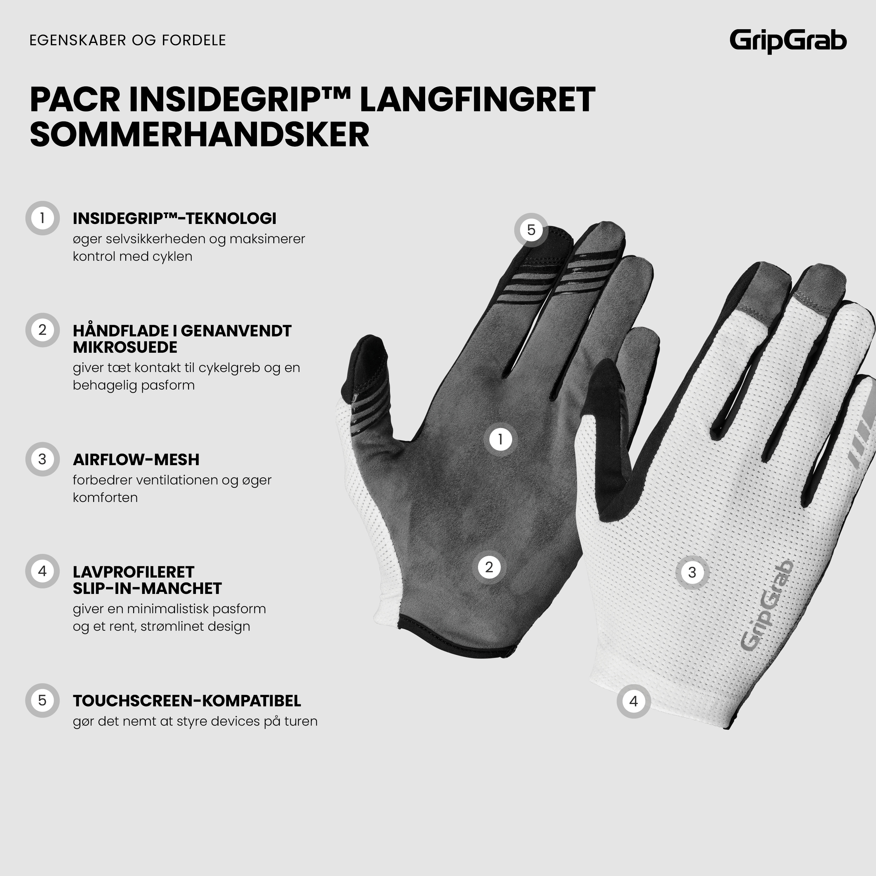 Beklædning - Cykelhandsker - GripGrab PACR InsideGrip™ Langfingret Sommerhandsker - White