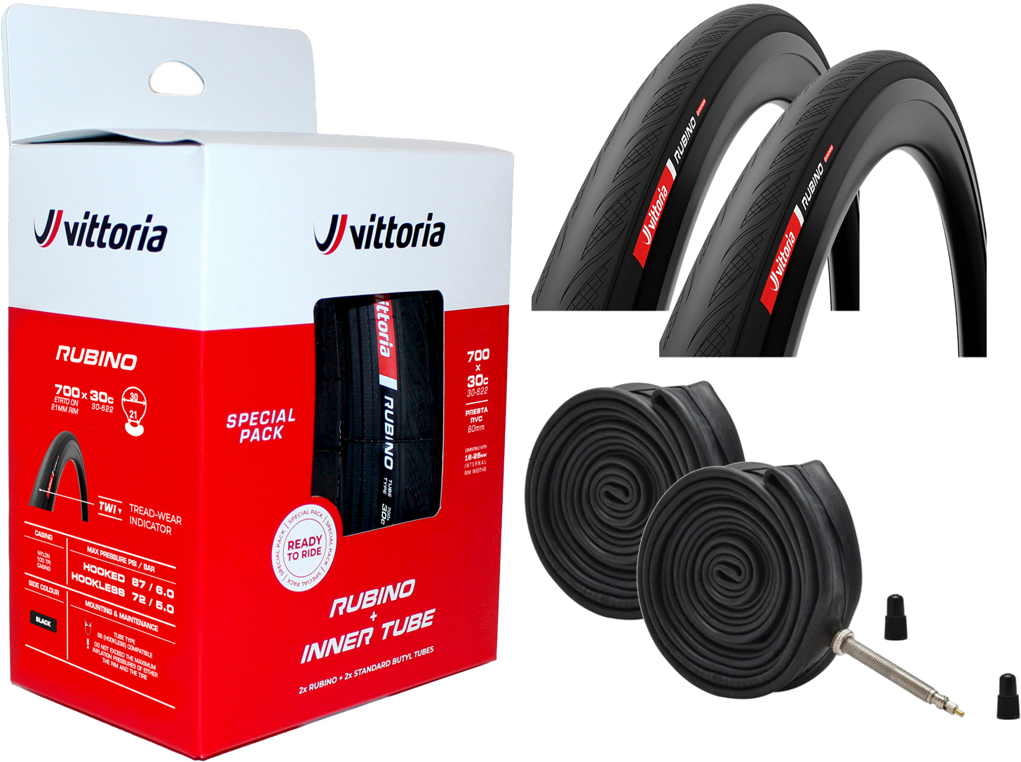 Reservedele - Cykeldæk - Vittoria Road Rubino V TP 700x28c/30c G2 Sampak (2 dæk + 2 slanger) - Black