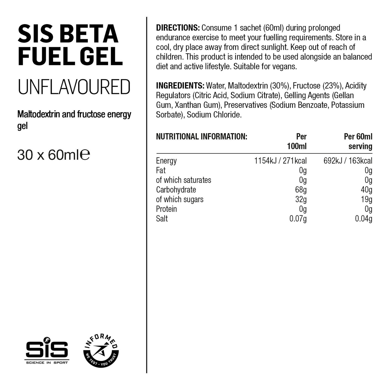 Tilbehør - Energiprodukter - SIS Beta Fuel Endurance Gel Neutral 60ml