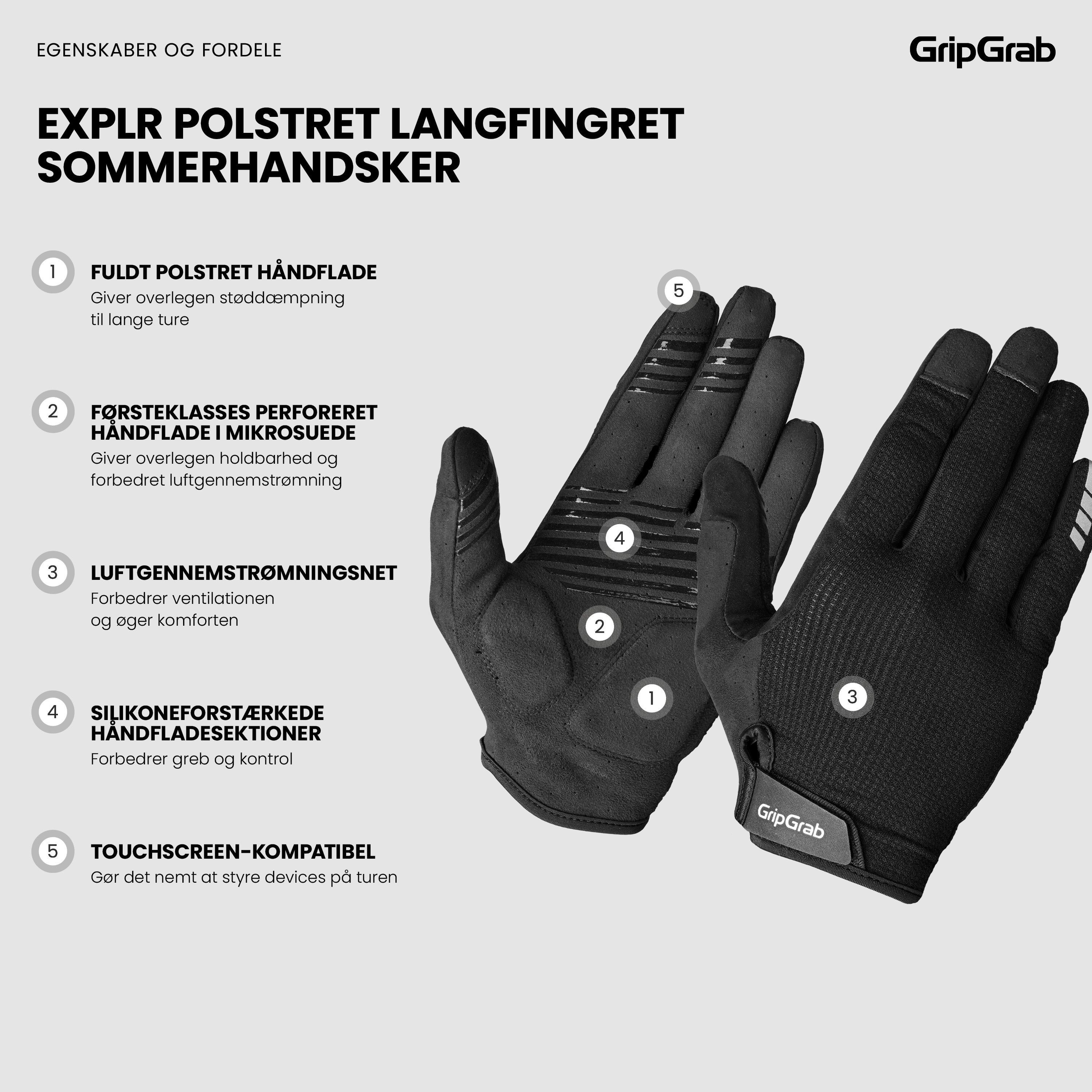 Beklædning - Cykelhandsker - GripGrab EXPLR Polstret Langfingret Sommerhandsker - Black