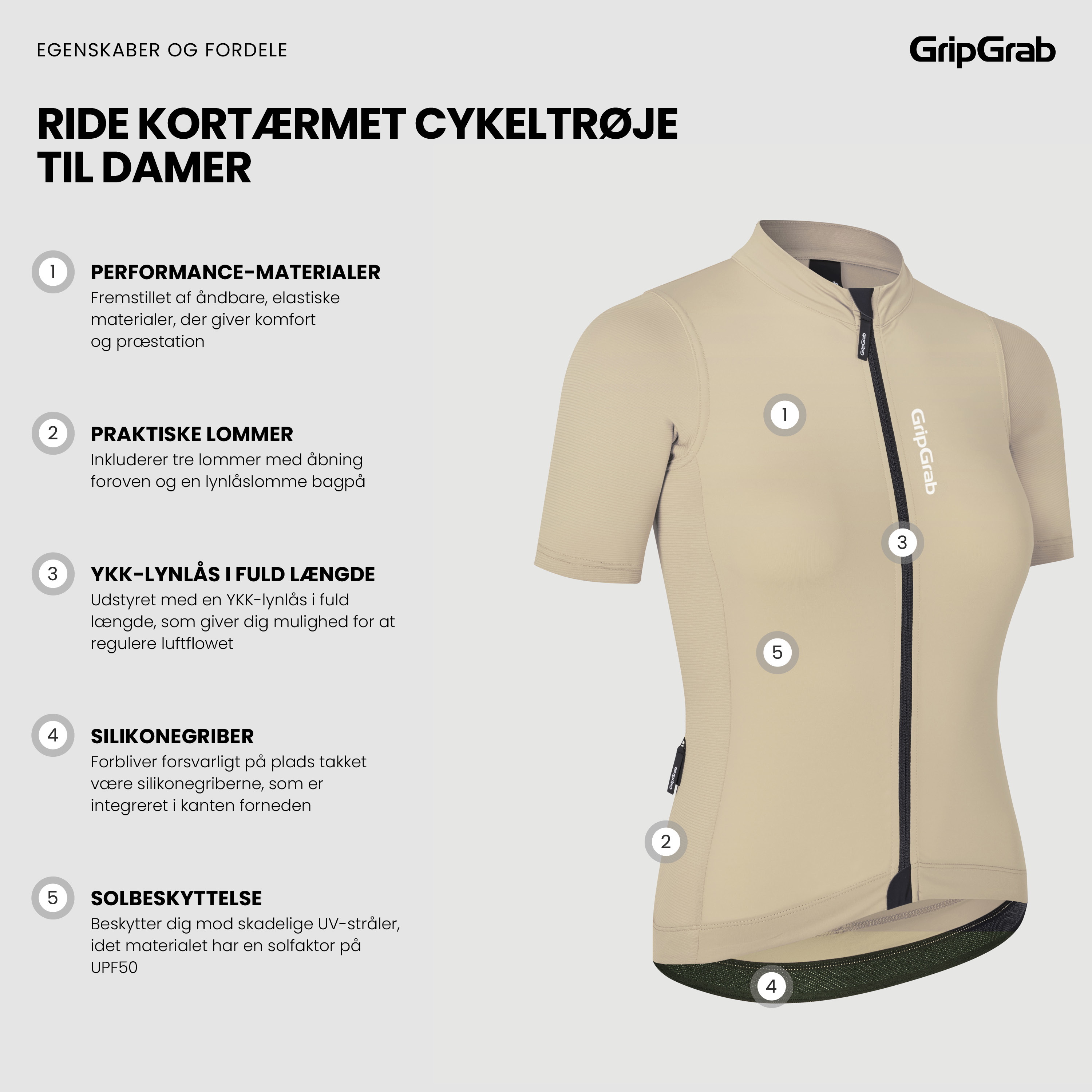 Beklædning - Cykeltrøjer - GripGrab RIDE kortærmet cykeltrøje til damer - Beige