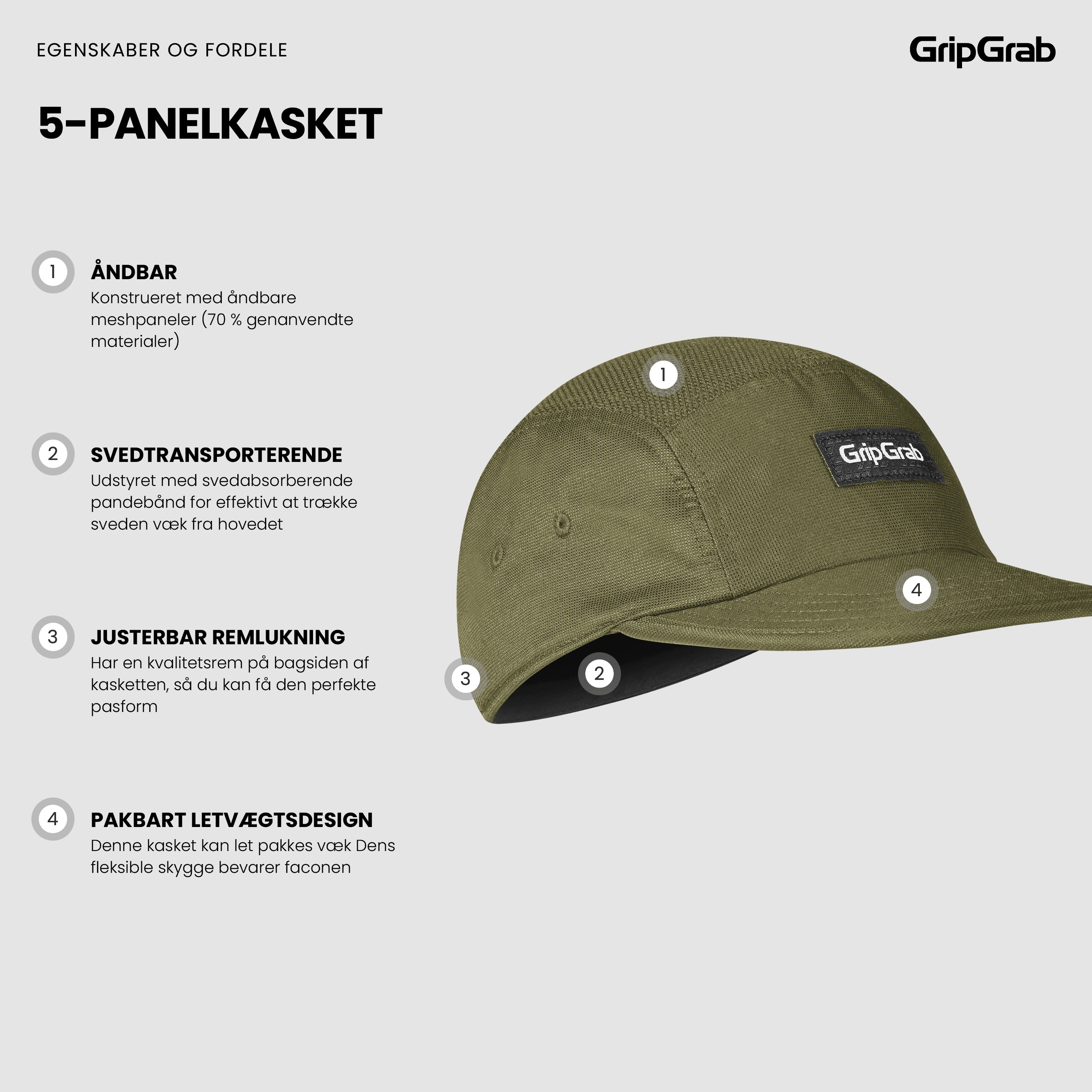 Beklædning - Cykelkasketter - GripGrab 5 Panel Cycling Cap - Olive Green