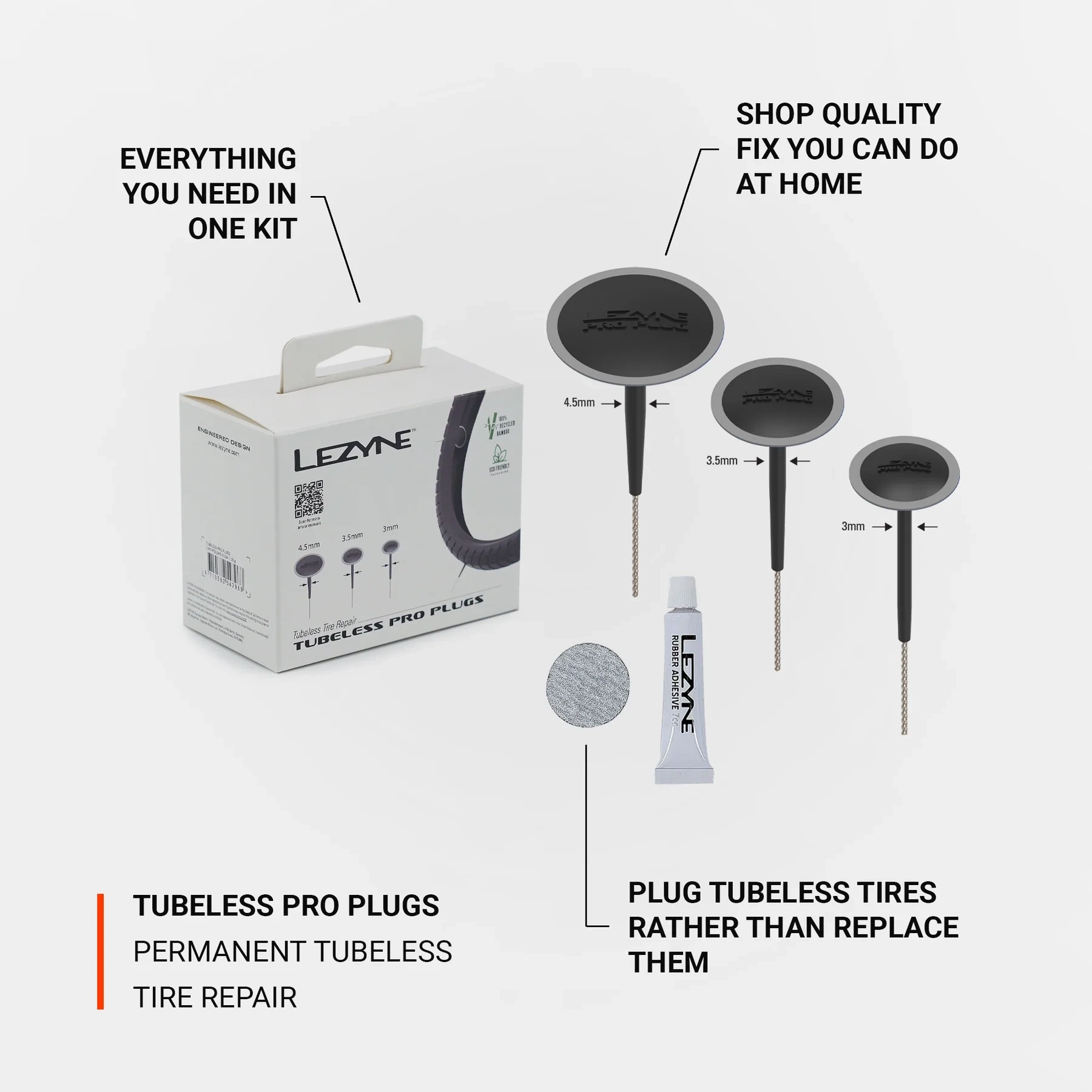 Reservedele - Tubeless - Lezyne Tubeless (Tire Repair) Pro Plugs m. 2 x 3mm, 2 x 3.5mm og 2 x 4.5mm plugs