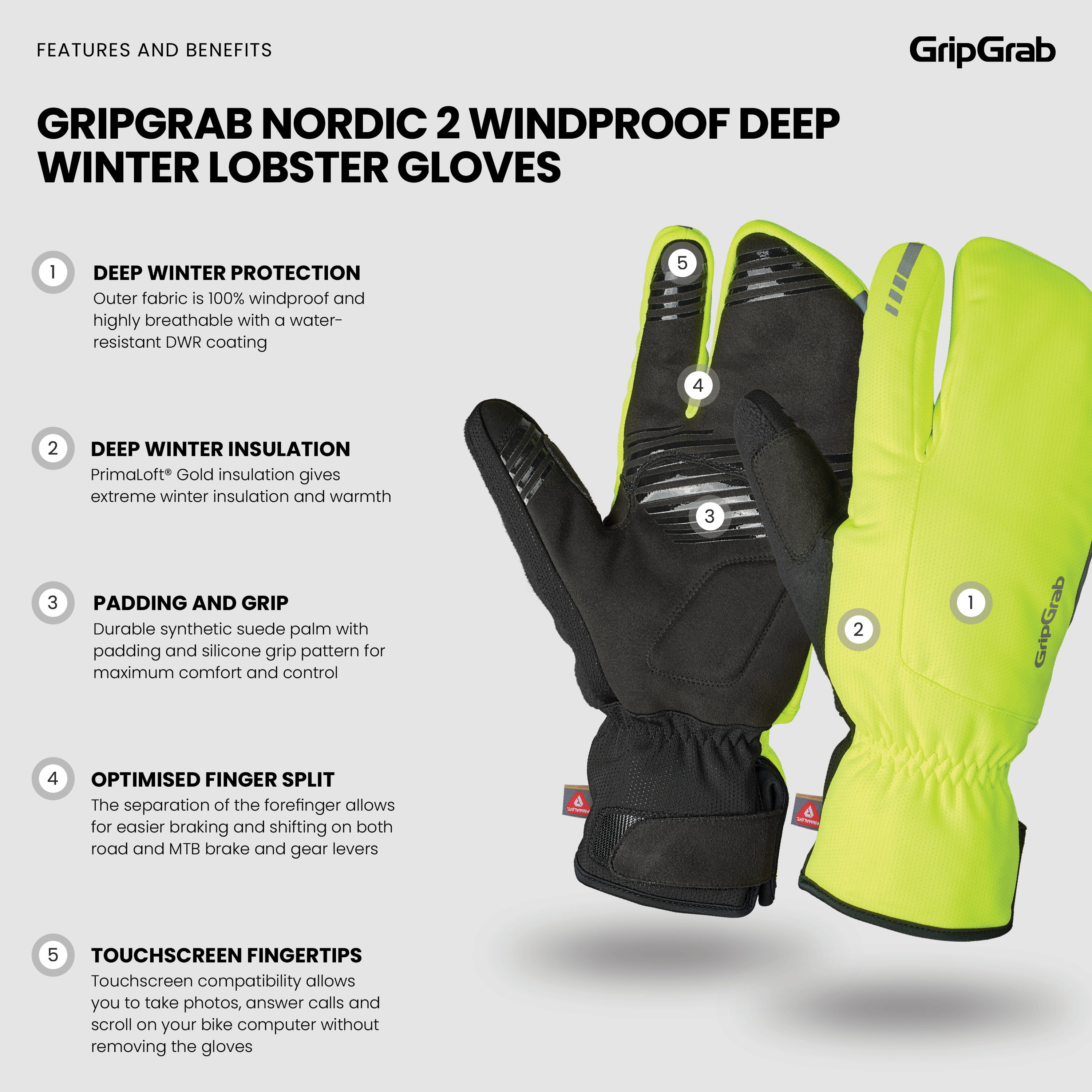 Beklædning - Cykelhandsker - GripGrab Nordic 2 vindtætte Lobster-vinterhandsker - Hi-Vis