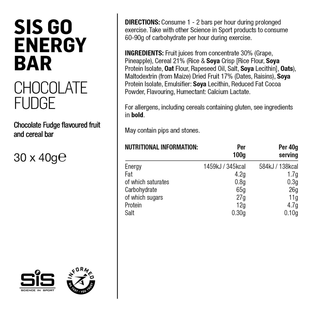 Tilbehør - Energiprodukter - SIS GO Energybar Chocolate/Fudge 40g