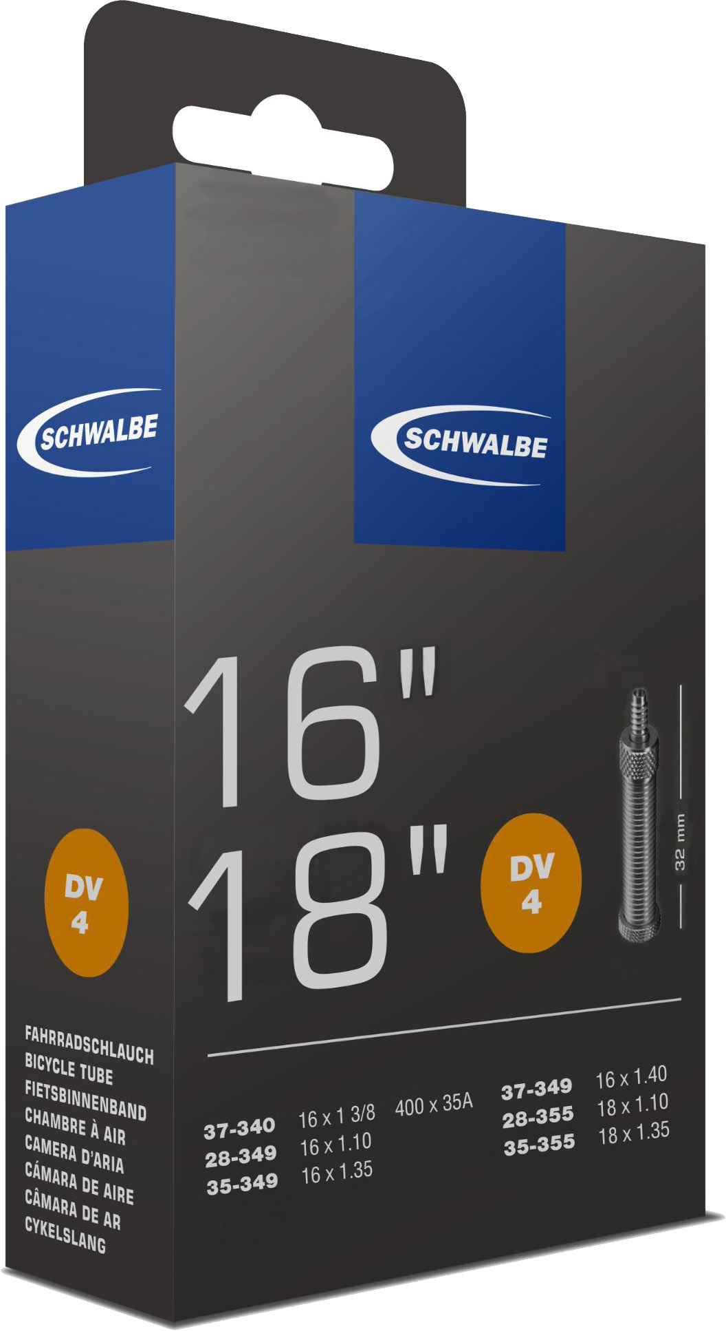 Schwalbe slange 16 og 18"med almindelig ventil DV4